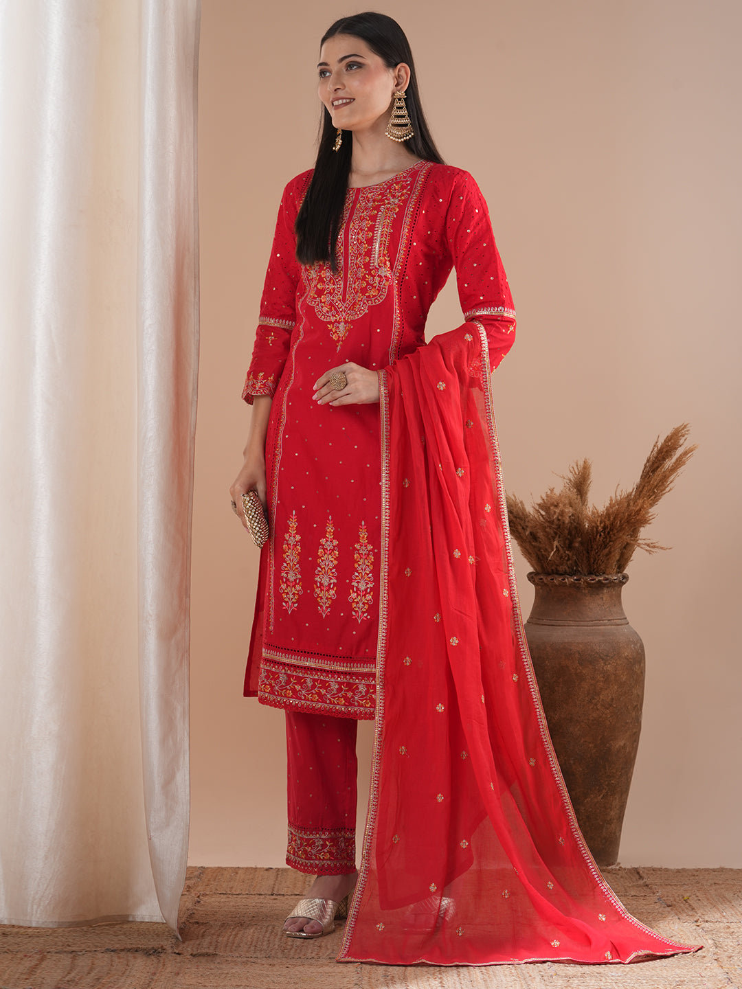 Solid Ethnic Floral Embroidered Kurta with Pant and Dupatta - Red