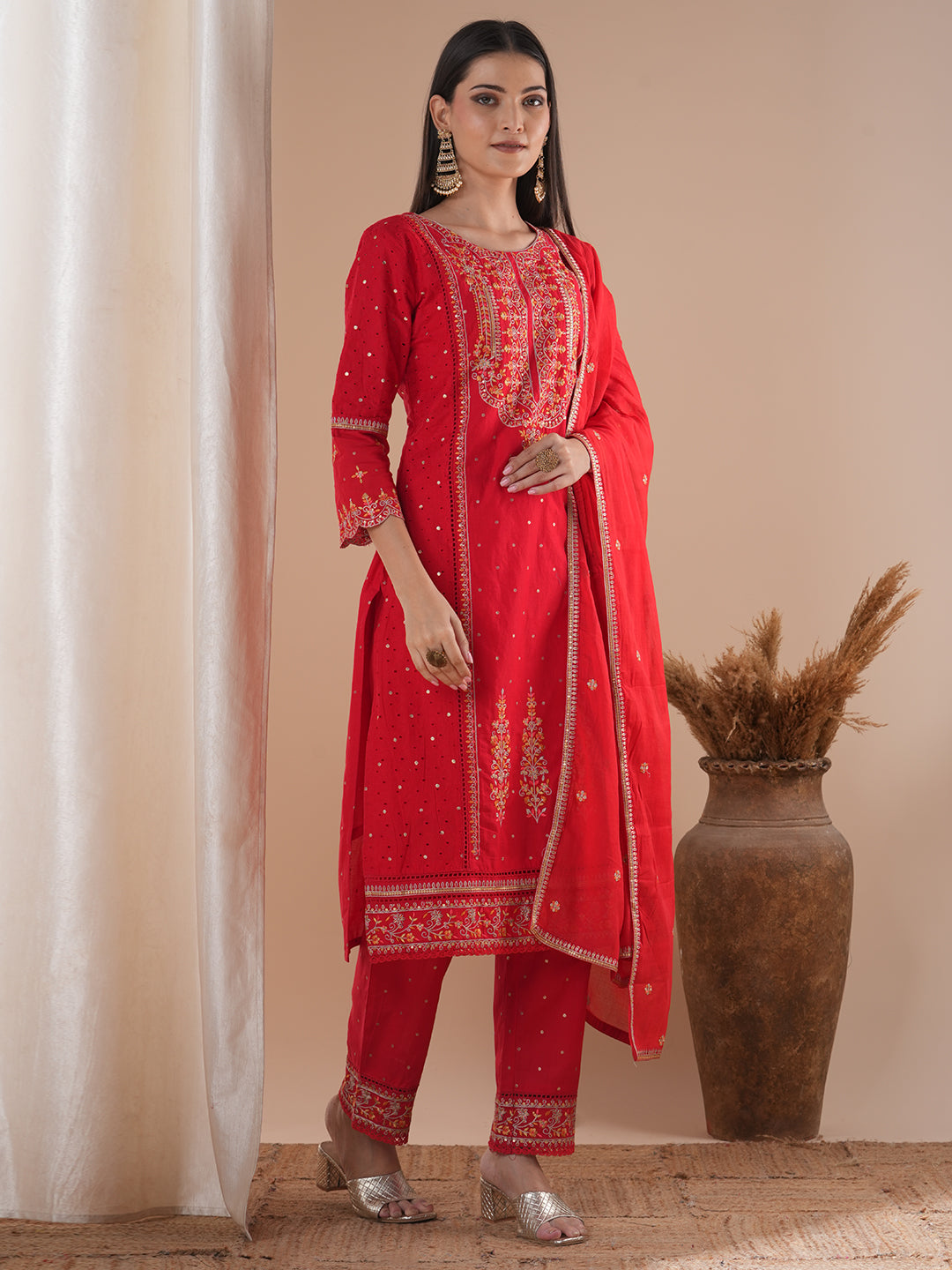 Solid Ethnic Floral Embroidered Kurta with Pant and Dupatta - Red