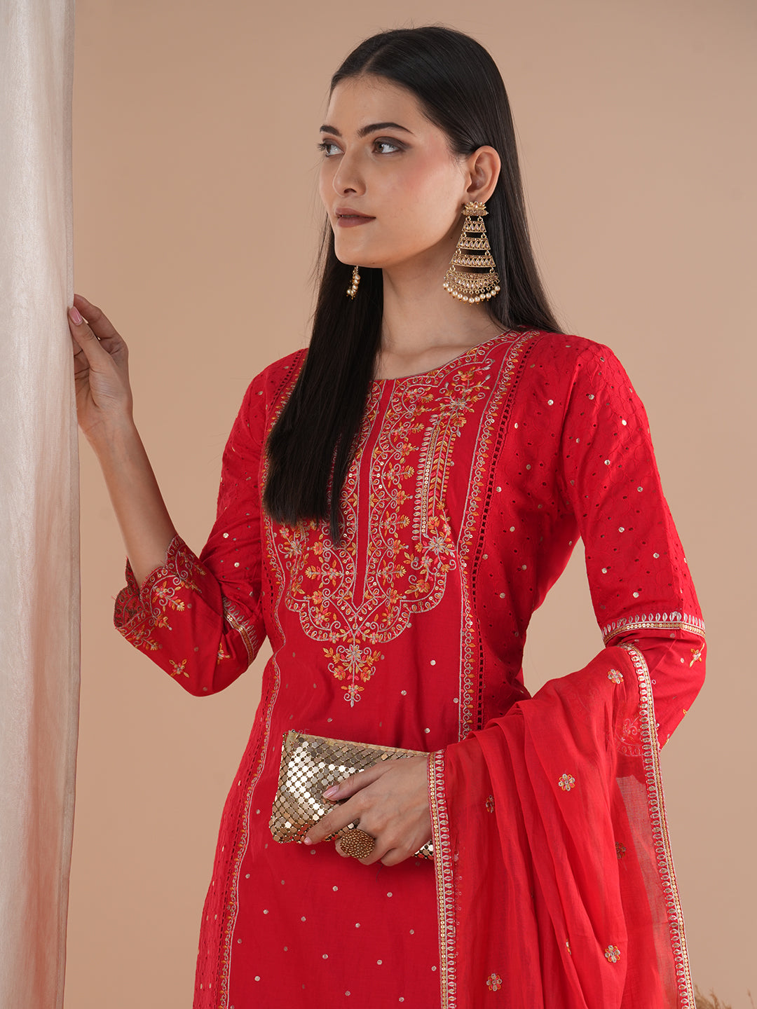 Solid Ethnic Floral Embroidered Kurta with Pant and Dupatta - Red