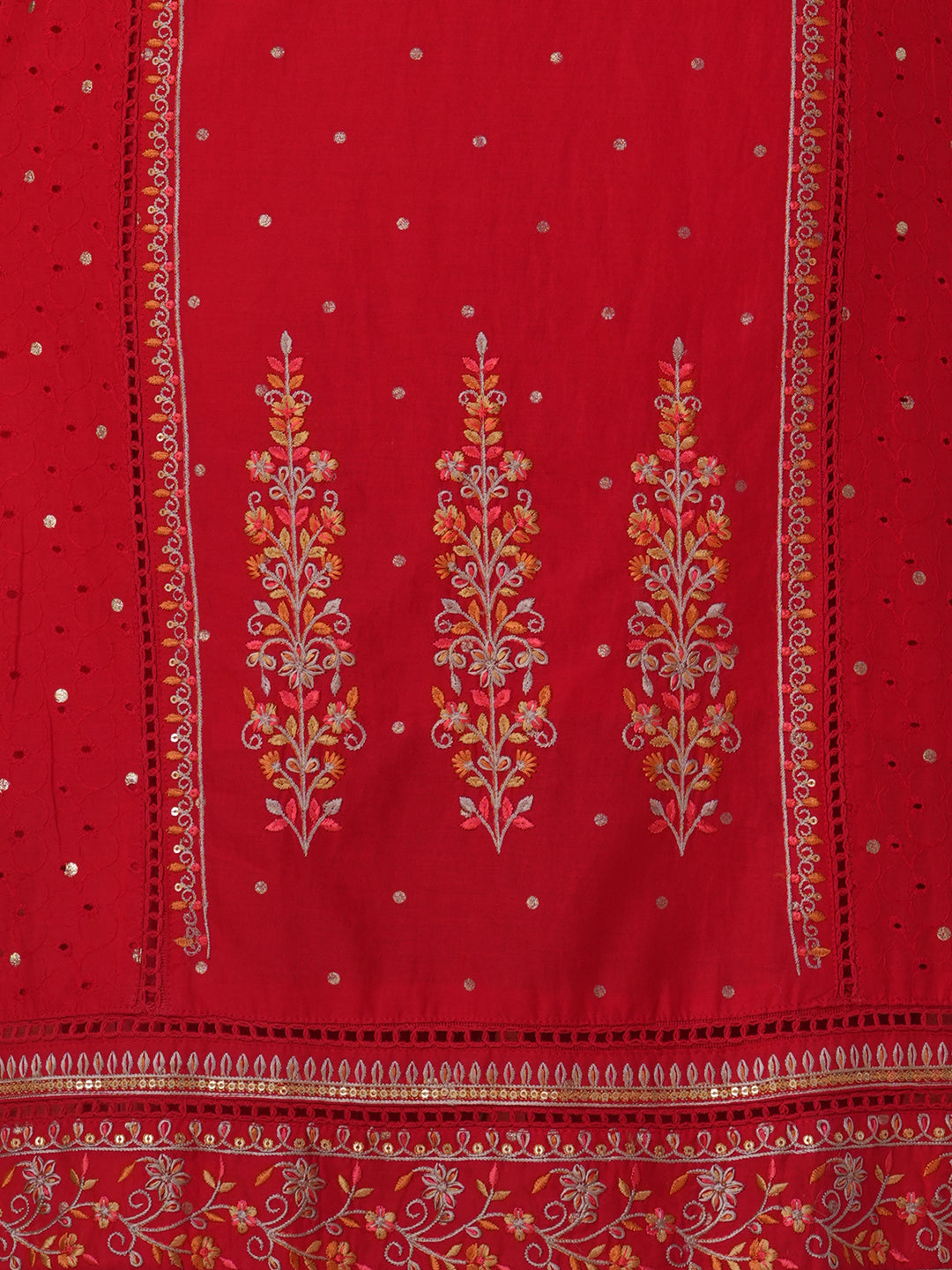 Solid Ethnic Floral Embroidered Kurta with Pant and Dupatta - Red