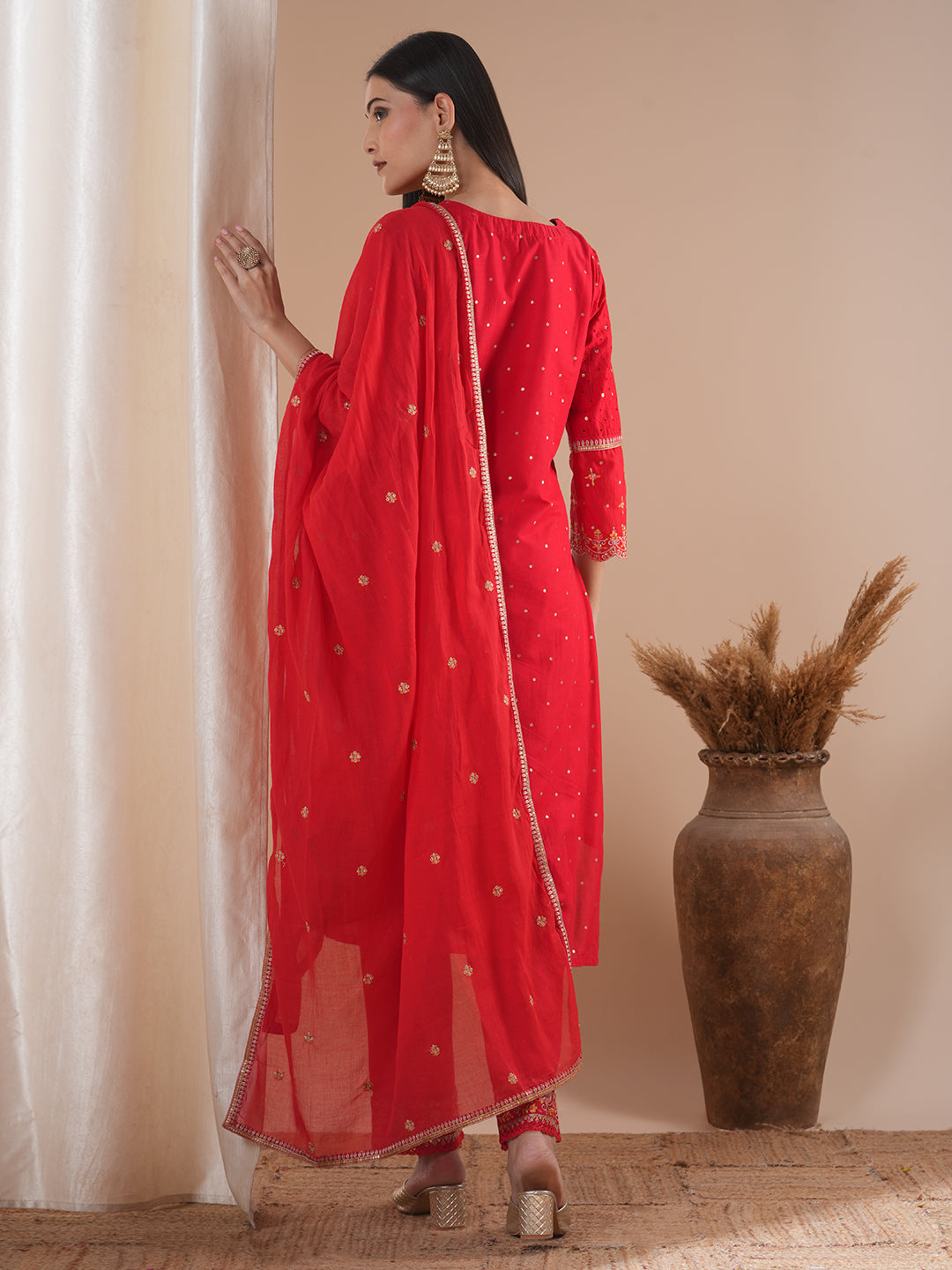 Solid Ethnic Floral Embroidered Kurta with Pant and Dupatta - Red