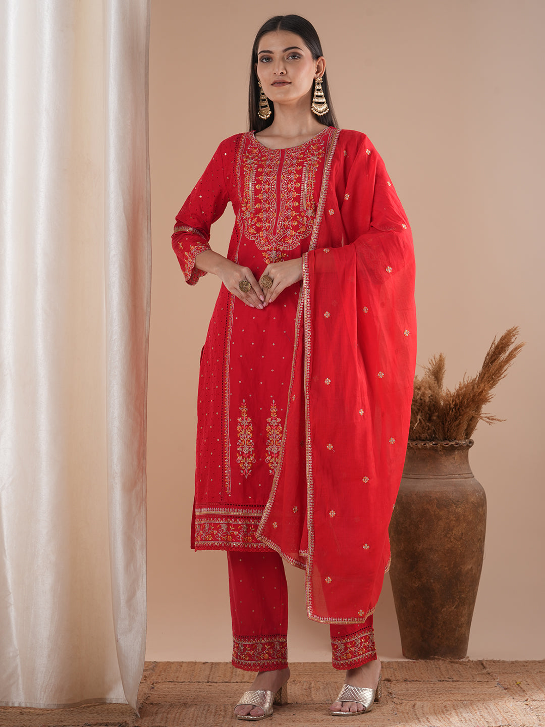 Solid Ethnic Floral Embroidered Kurta with Pant and Dupatta - Red