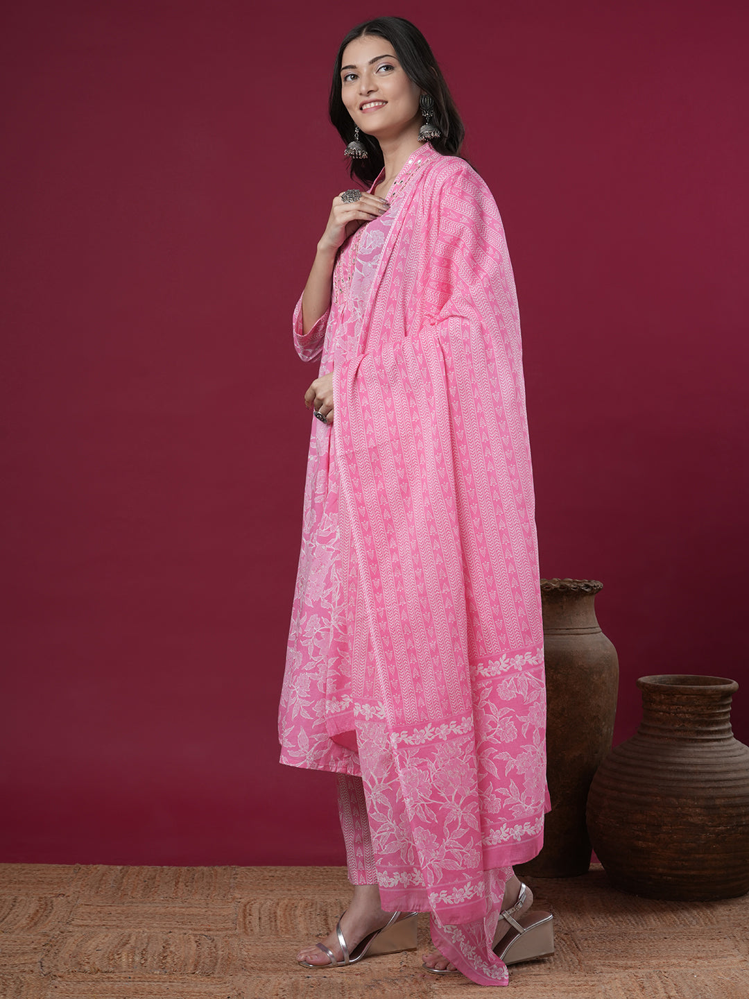 Ethnic Floral Printed A-Line Paneled Kurta with Pant and Dupatta - Pink