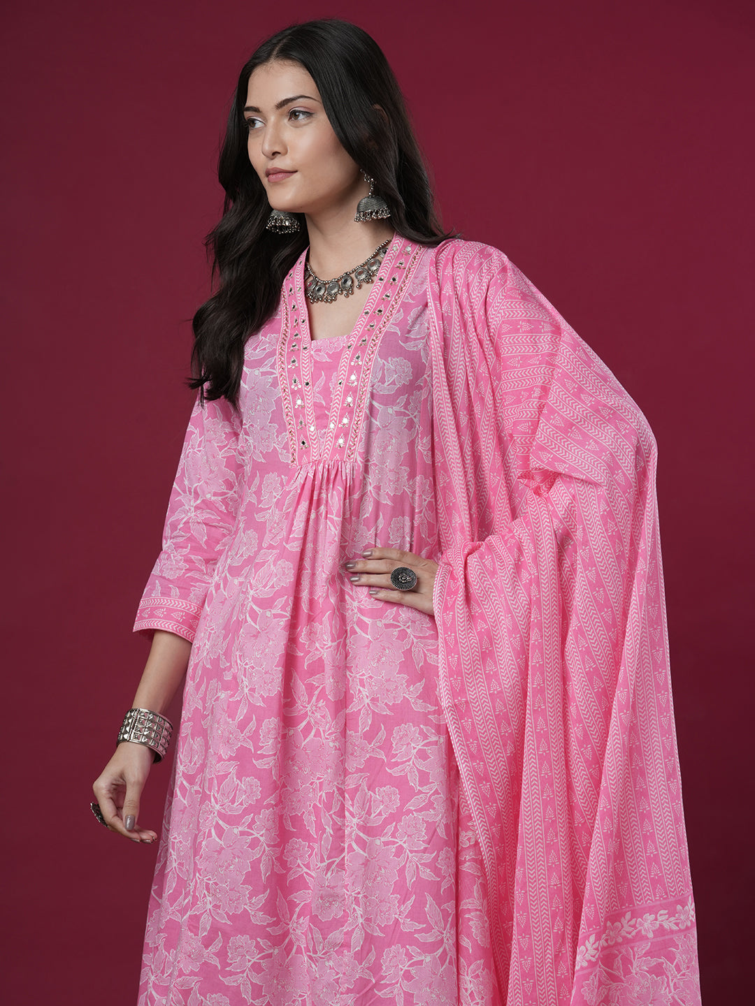 Ethnic Floral Printed A-Line Paneled Kurta with Pant and Dupatta - Pink