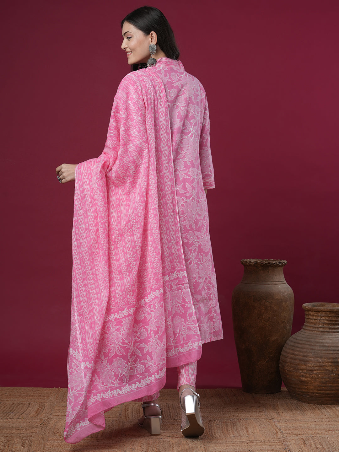 Ethnic Floral Printed A-Line Paneled Kurta with Pant and Dupatta - Pink