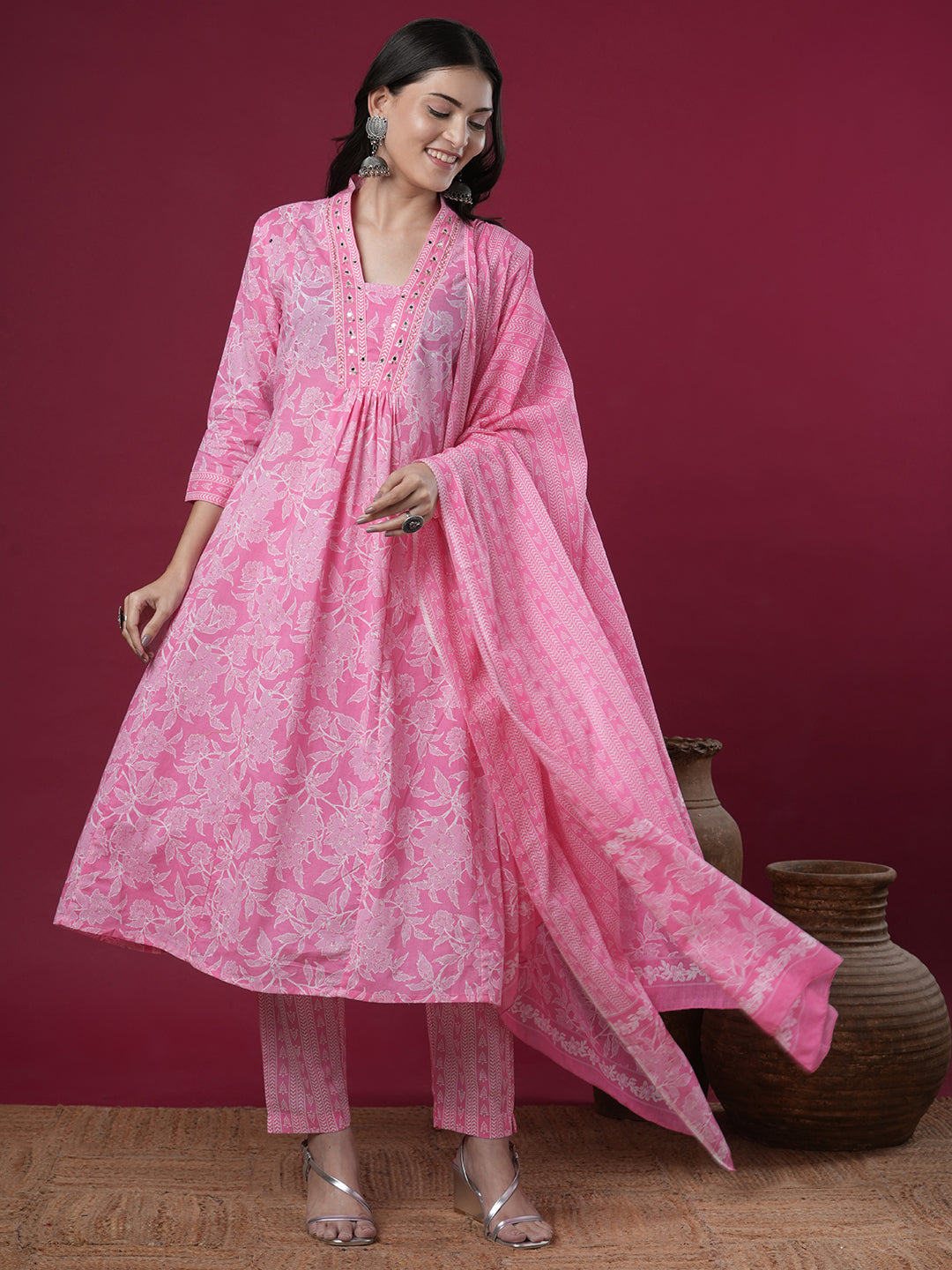 Ethnic Floral Printed A-Line Paneled Kurta with Pant and Dupatta - Pink