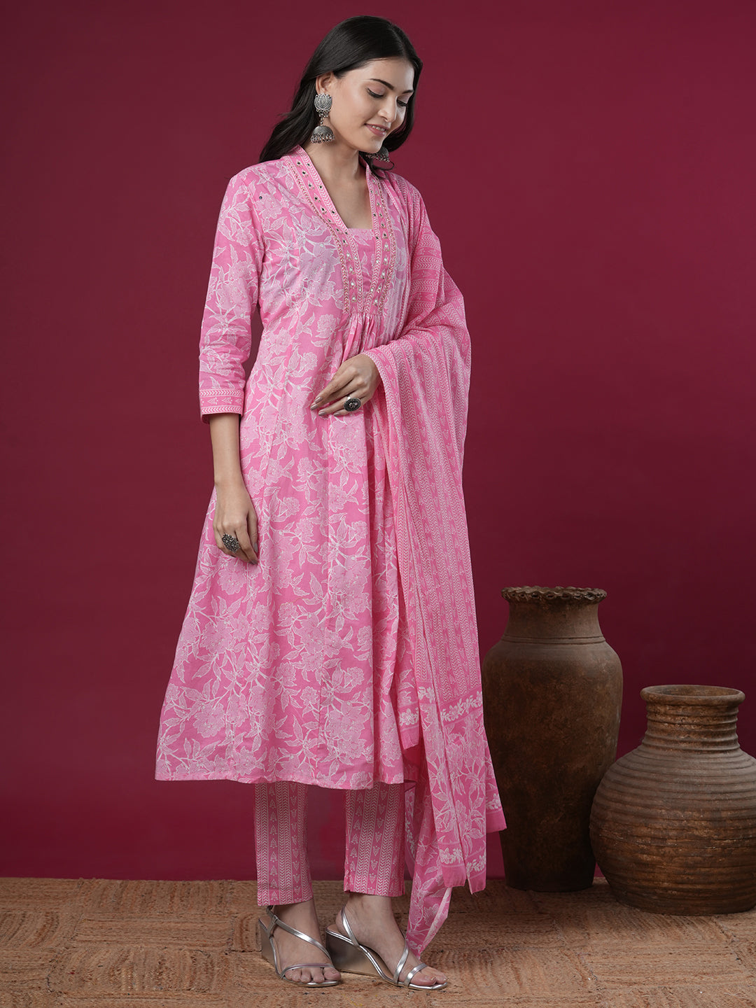 Ethnic Floral Printed A-Line Paneled Kurta with Pant and Dupatta - Pink