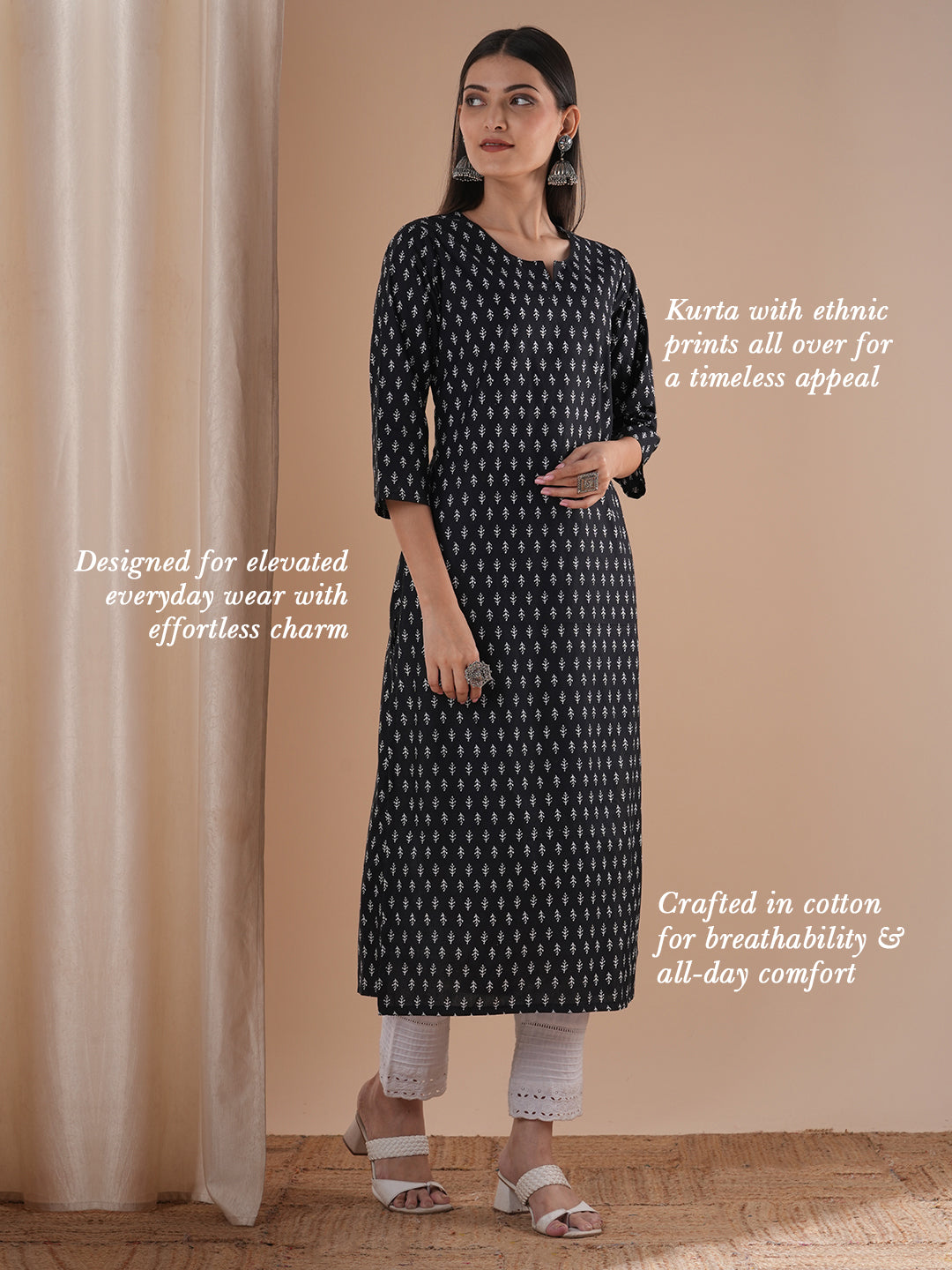 Ethnic Printed & Embroidered Straight Fit Kurta - Black