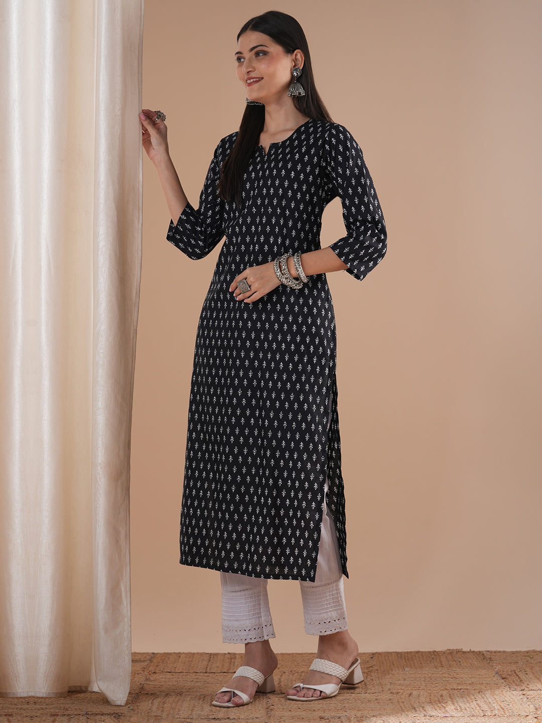 Ethnic Printed & Embroidered Straight Fit Kurta - Black