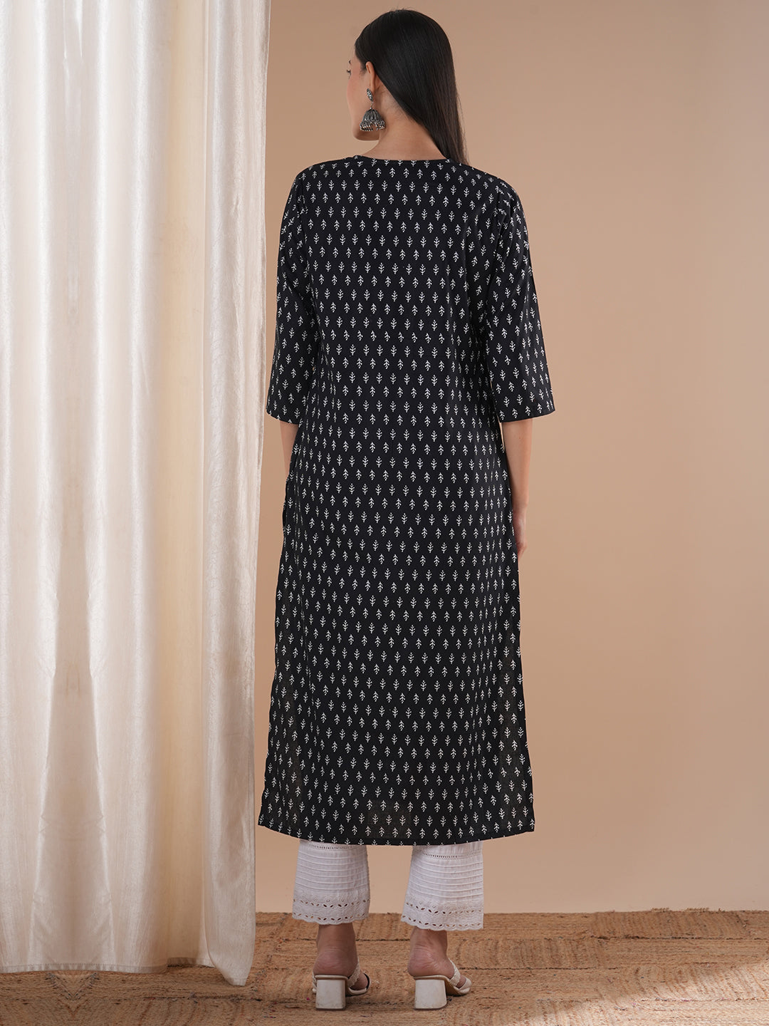 Ethnic Printed & Embroidered Straight Fit Kurta - Black