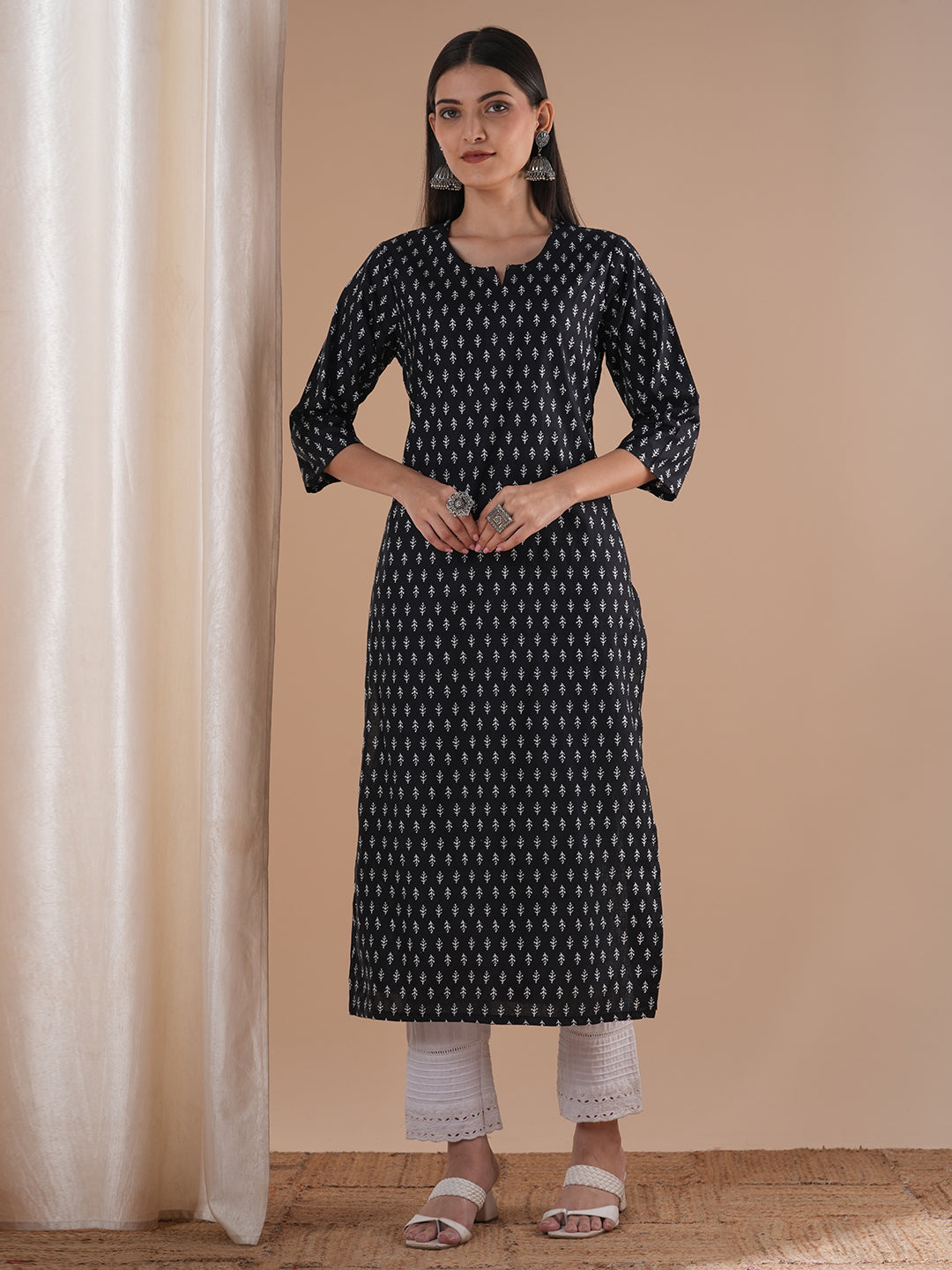 Ethnic Printed & Embroidered Straight Fit Kurta - Black