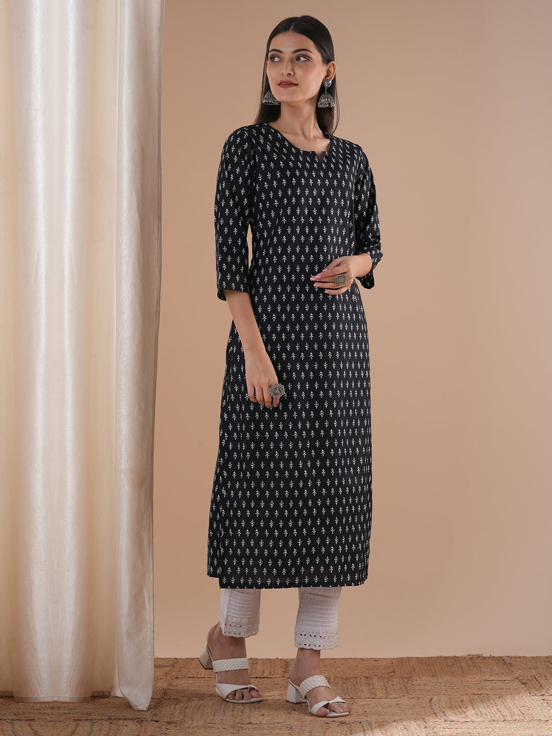 Ethnic Printed & Embroidered Straight Fit Kurta - Black