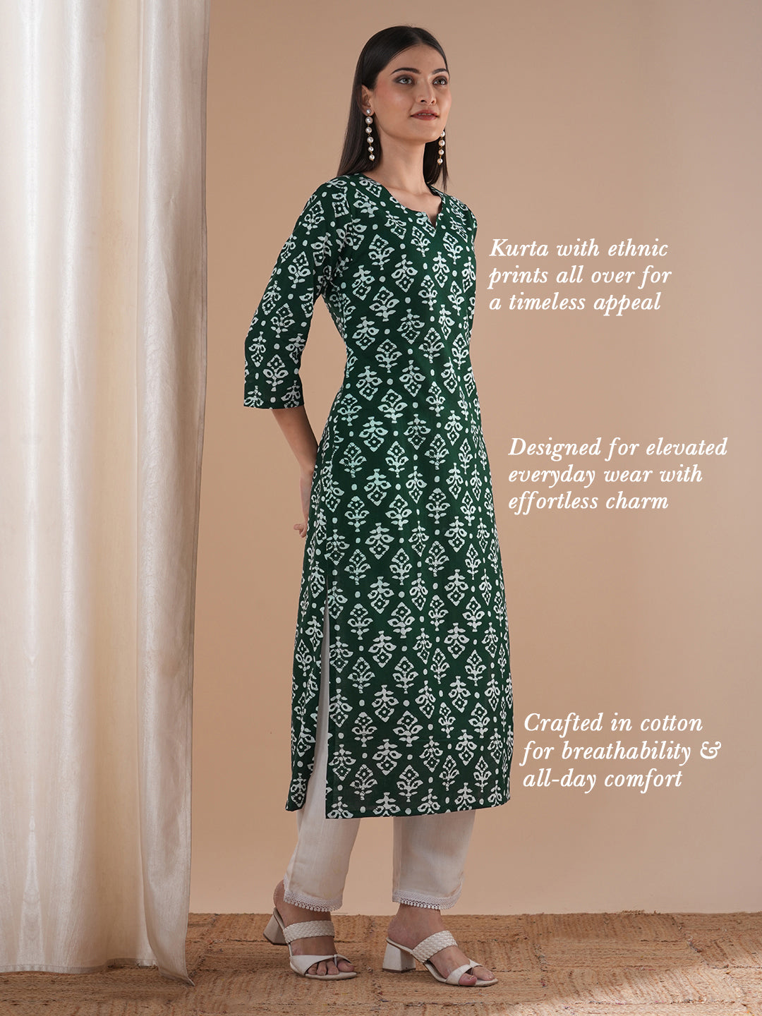 Ethnic Printed & Embroidered Straight Fit Kurta - Green