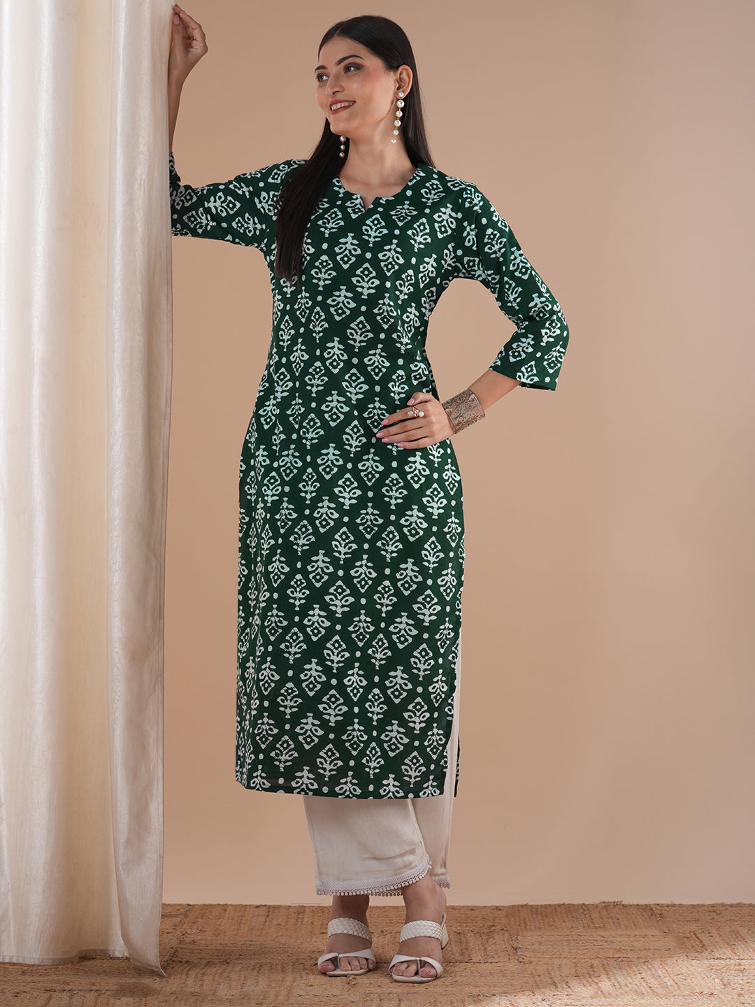 Ethnic Printed & Embroidered Straight Fit Kurta - Green