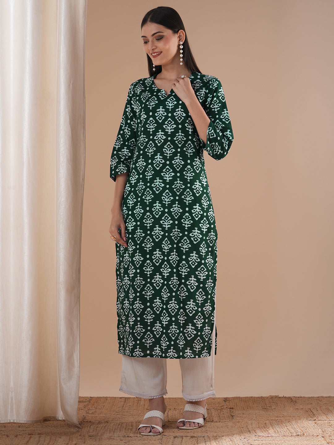 Ethnic Printed & Embroidered Straight Fit Kurta - Green