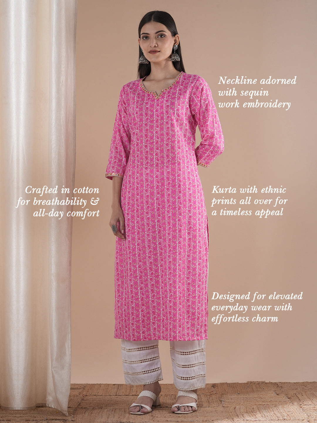 Ethnic & Printed & Embroidered Straight Fit Kurta - Pink