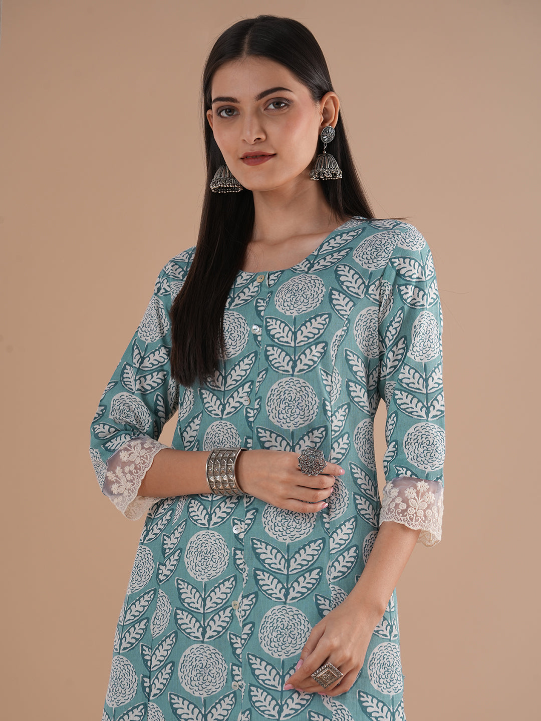 Abstract Floral Printed A-Line Paneled Kurta - Blue