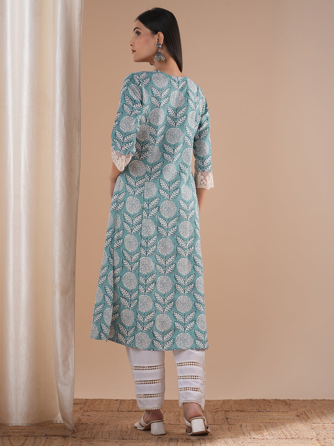 Abstract Floral Printed A-Line Paneled Kurta - Blue