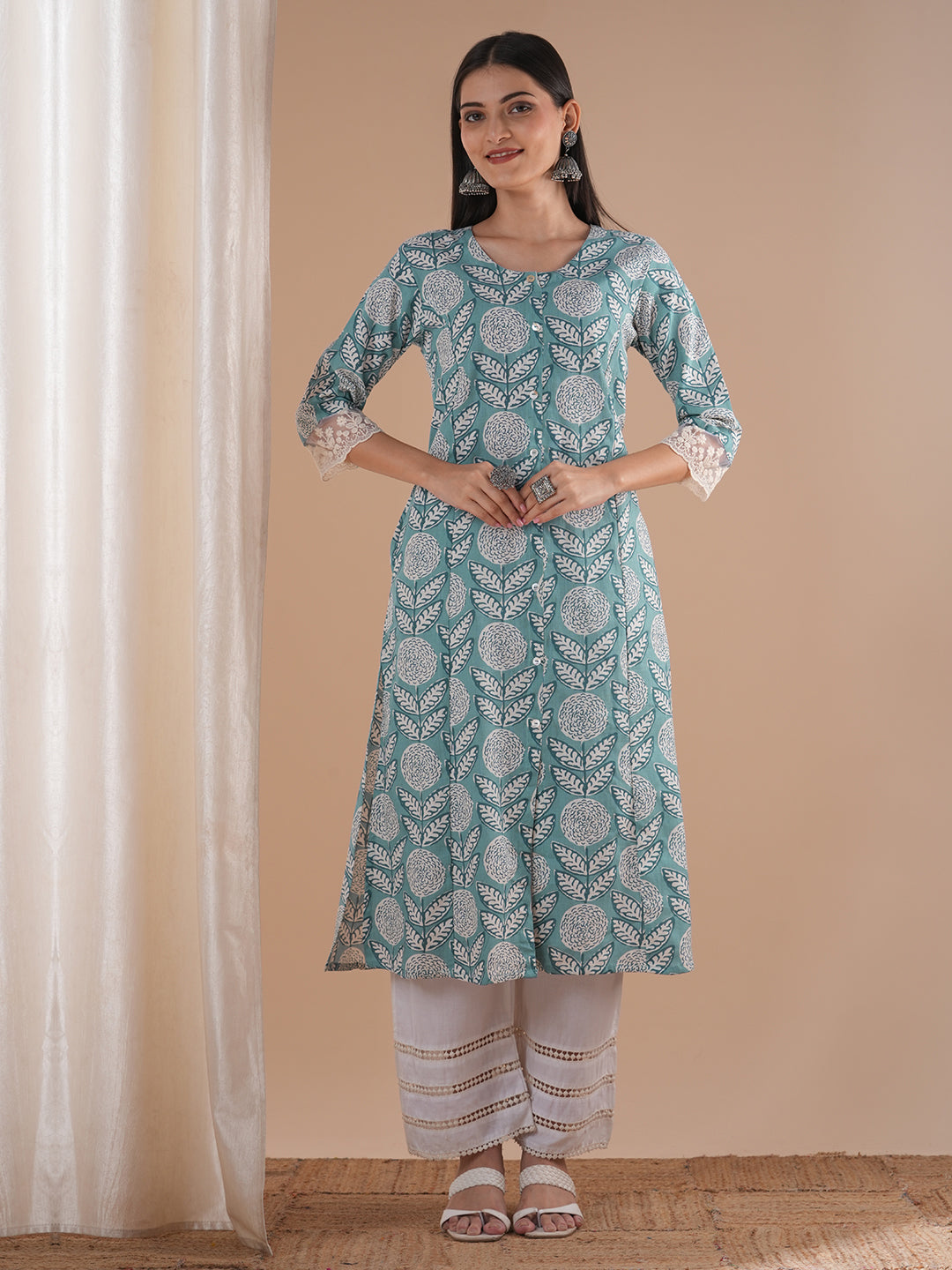 Abstract Floral Printed A-Line Paneled Kurta - Blue