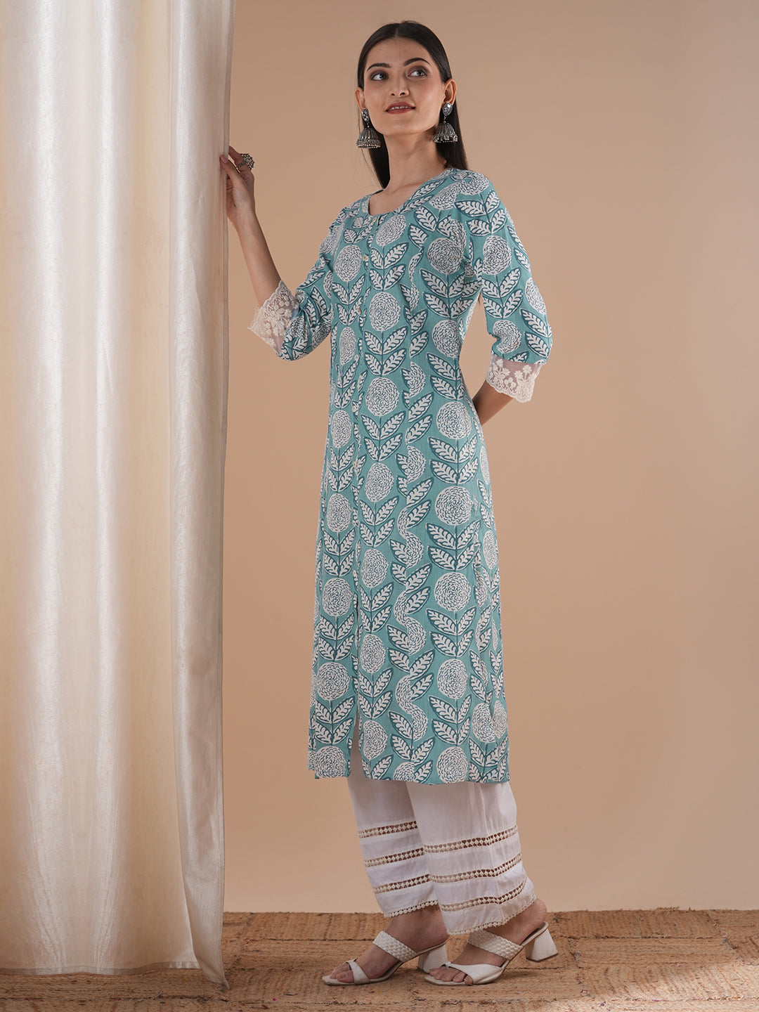 Abstract Floral Printed A-Line Paneled Kurta - Blue