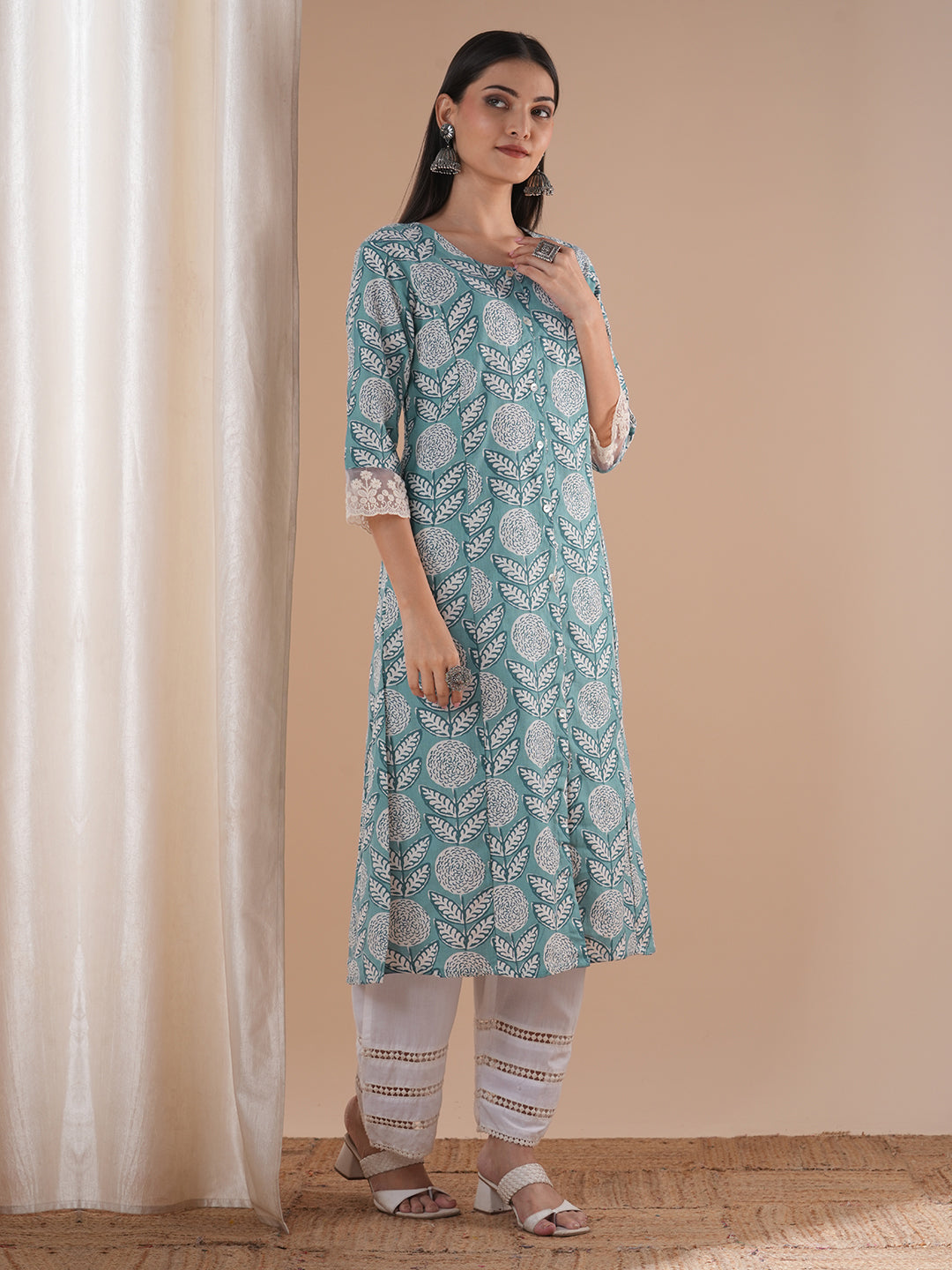 Abstract Floral Printed A-Line Paneled Kurta - Blue