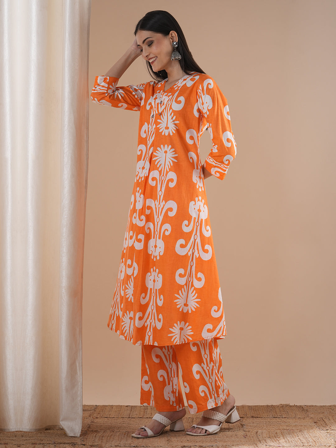 Ethnic Ikat Printed A-line Paneled Co-ord Set - Orange