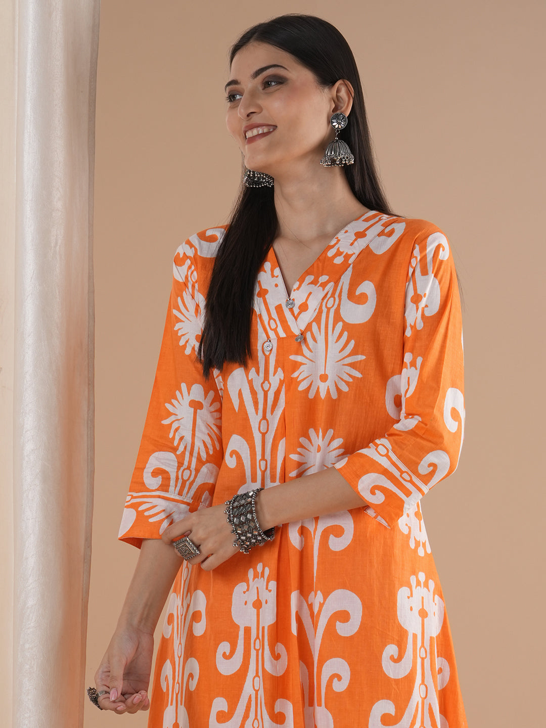 Ethnic Ikat Printed A-line Paneled Co-ord Set - Orange