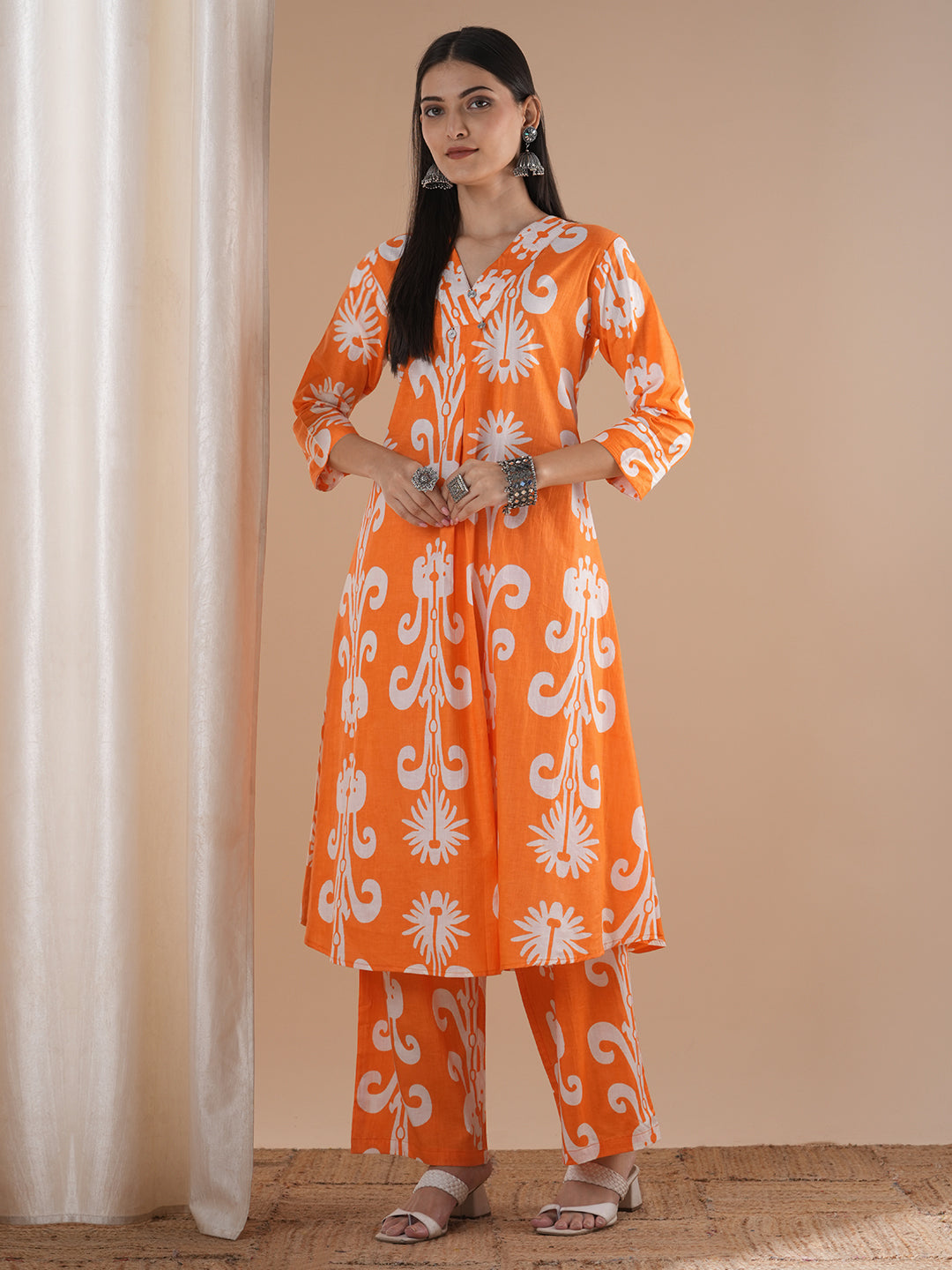 Ethnic Ikat Printed A-line Paneled Co-ord Set - Orange