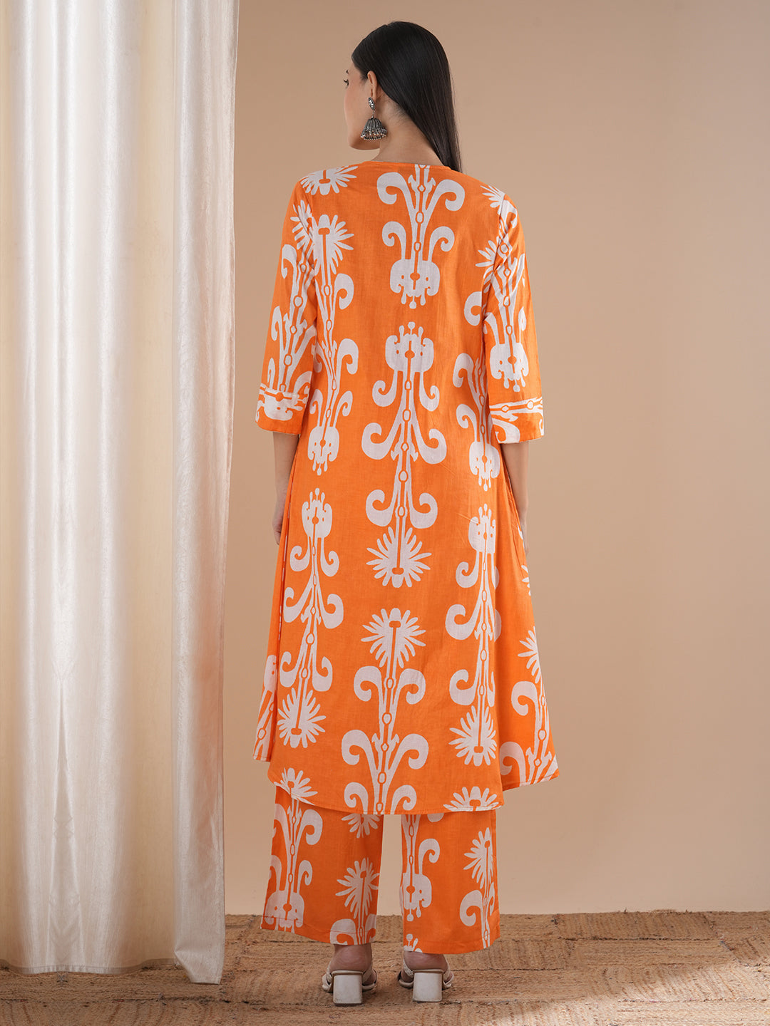 Ethnic Ikat Printed A-line Paneled Co-ord Set - Orange