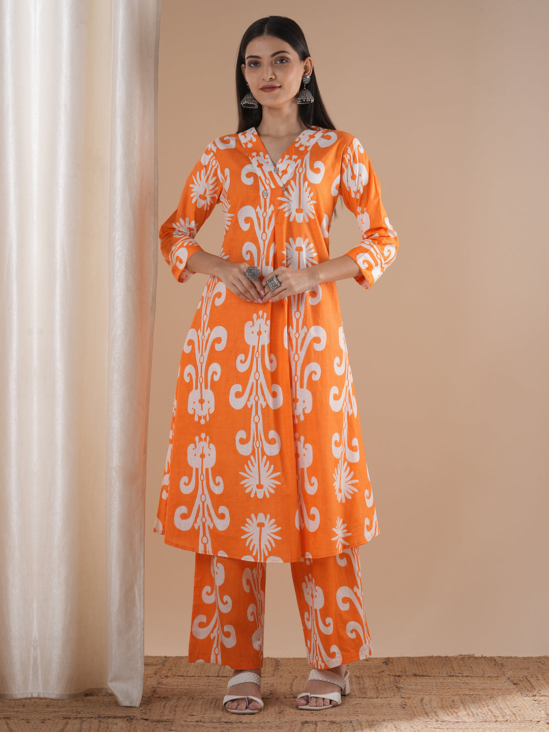 Ethnic Ikat Printed A-line Paneled Co-ord Set - Orange