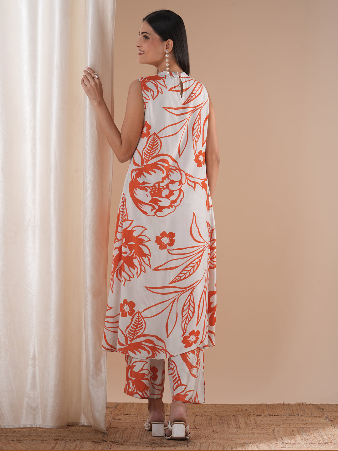 Abstract Floral Printed A-Line Paneled Co-ord Set -Off White