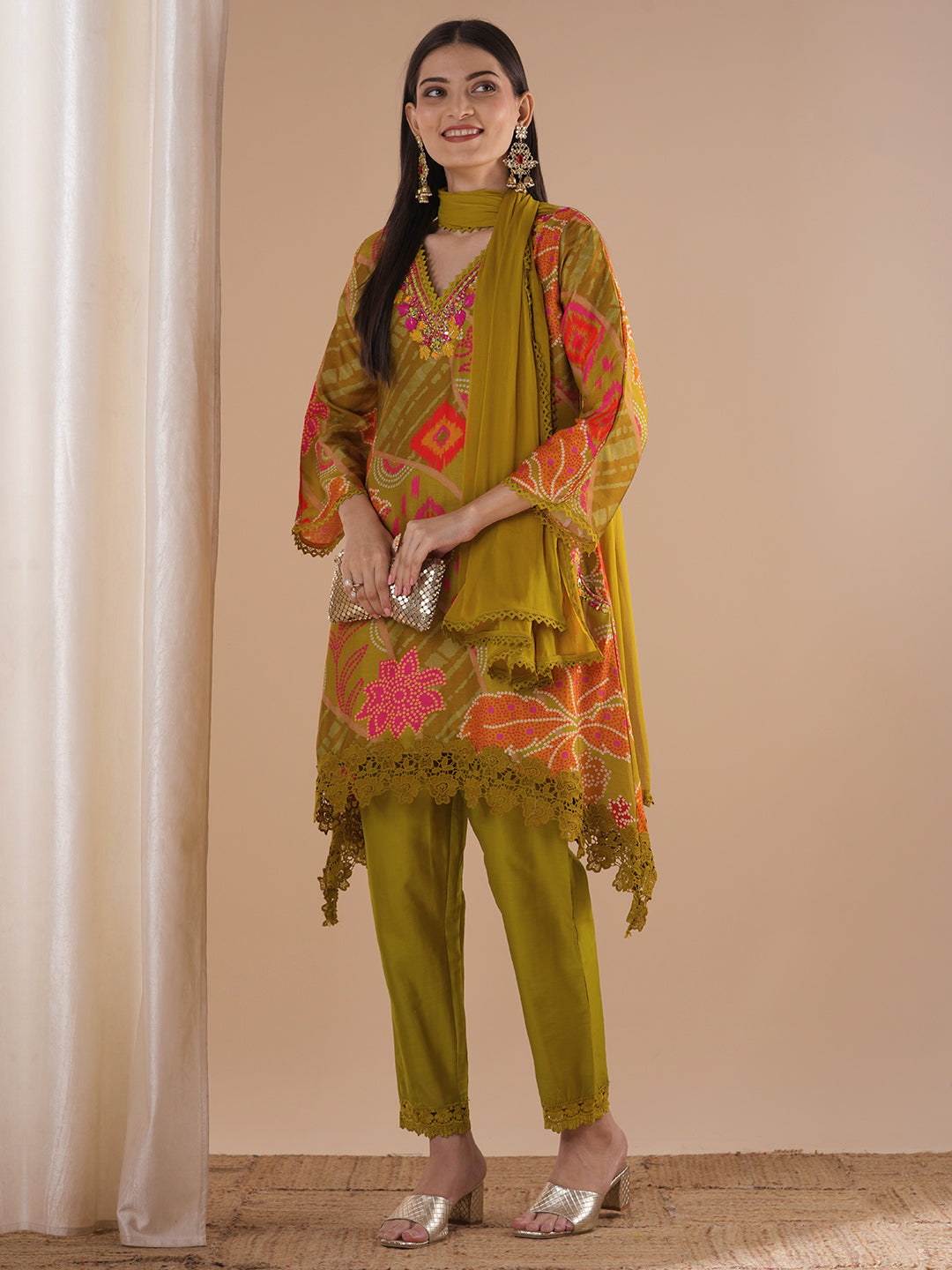 Ethnic Ikat Printed & Mirror Embroidered A-Line Kurta with Pant & Dupatta - Mustard