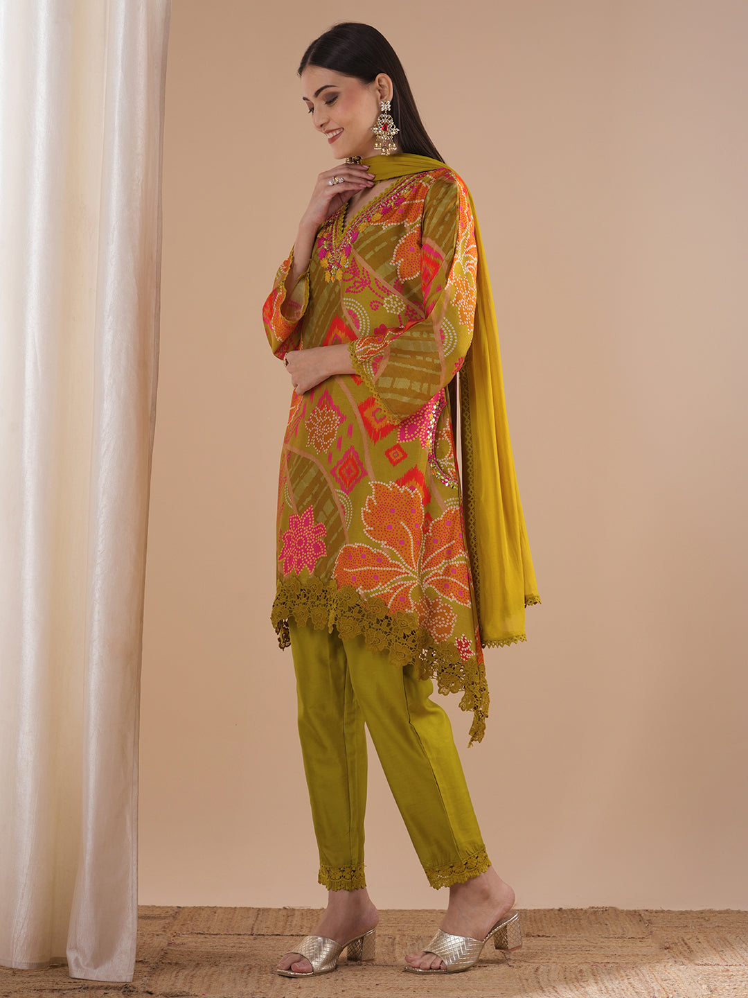 Ethnic Ikat Printed & Mirror Embroidered A-Line Kurta with Pant & Dupatta - Mustard