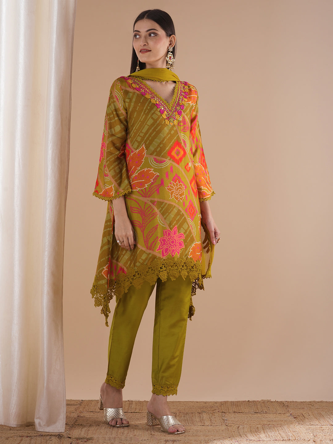 Ethnic Ikat Printed & Mirror Embroidered A-Line Kurta with Pant & Dupatta - Mustard