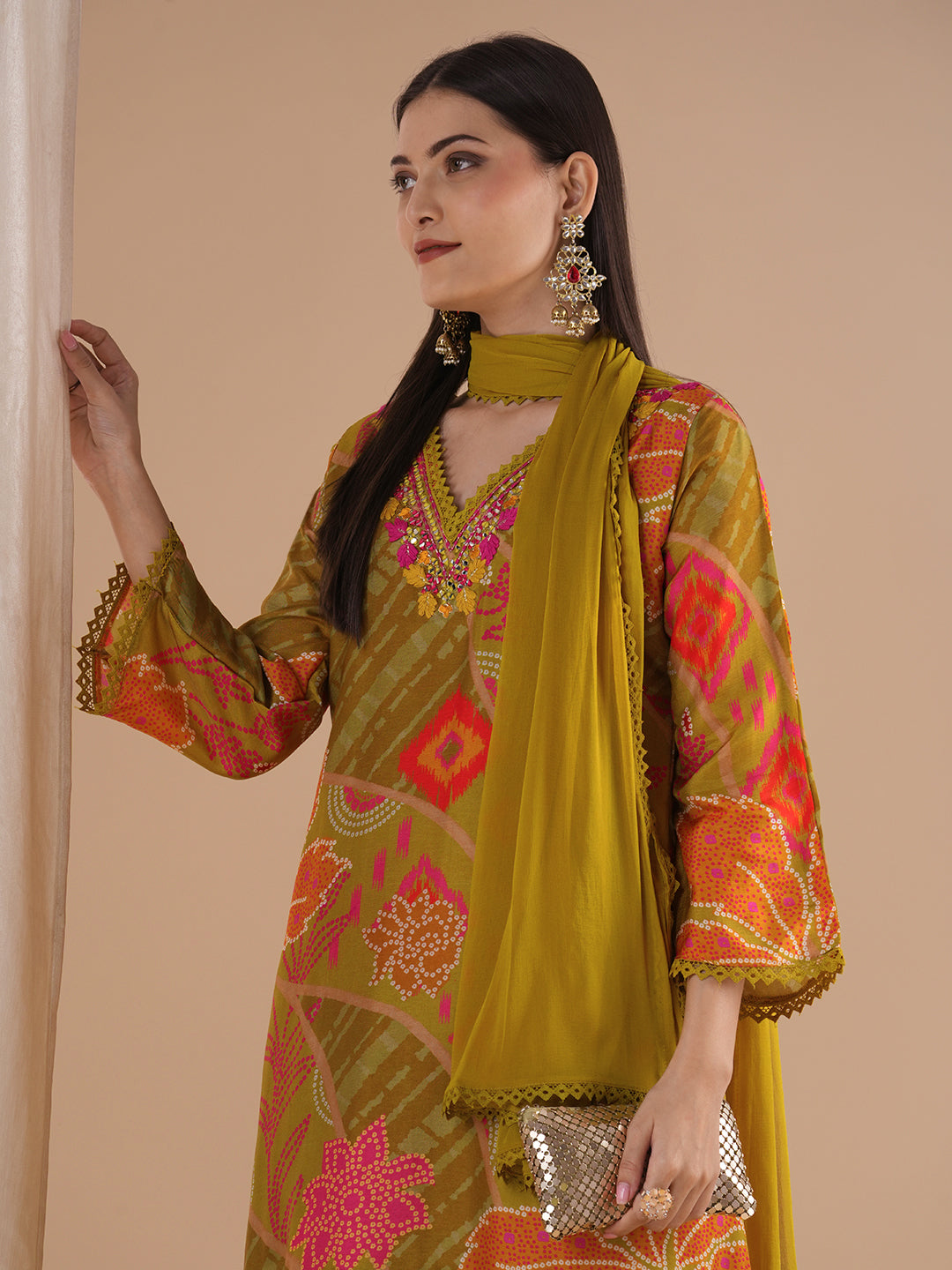 Ethnic Ikat Printed & Mirror Embroidered A-Line Kurta with Pant & Dupatta - Mustard