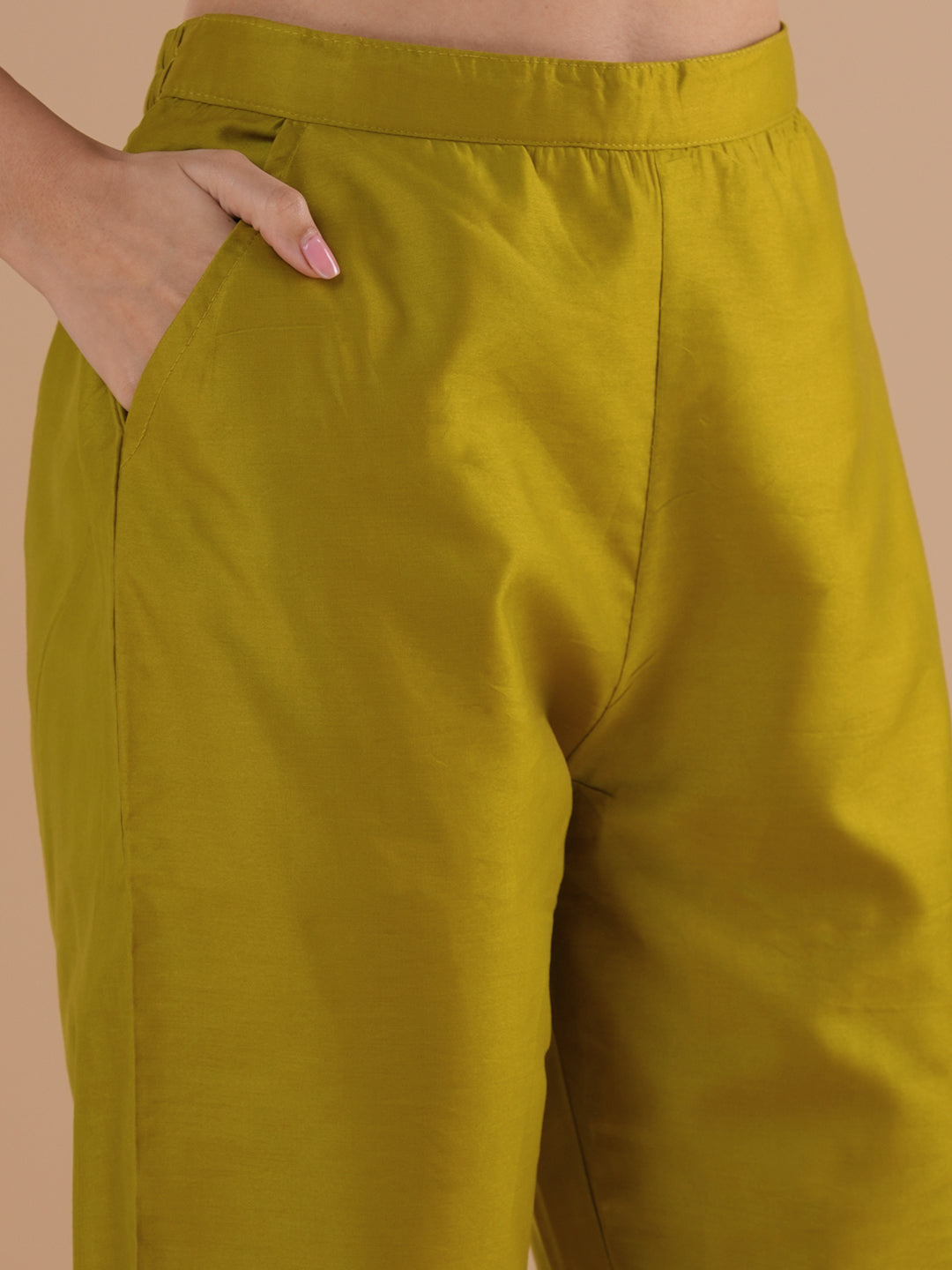 Ethnic Ikat Printed & Mirror Embroidered A-Line Kurta with Pant & Dupatta - Mustard