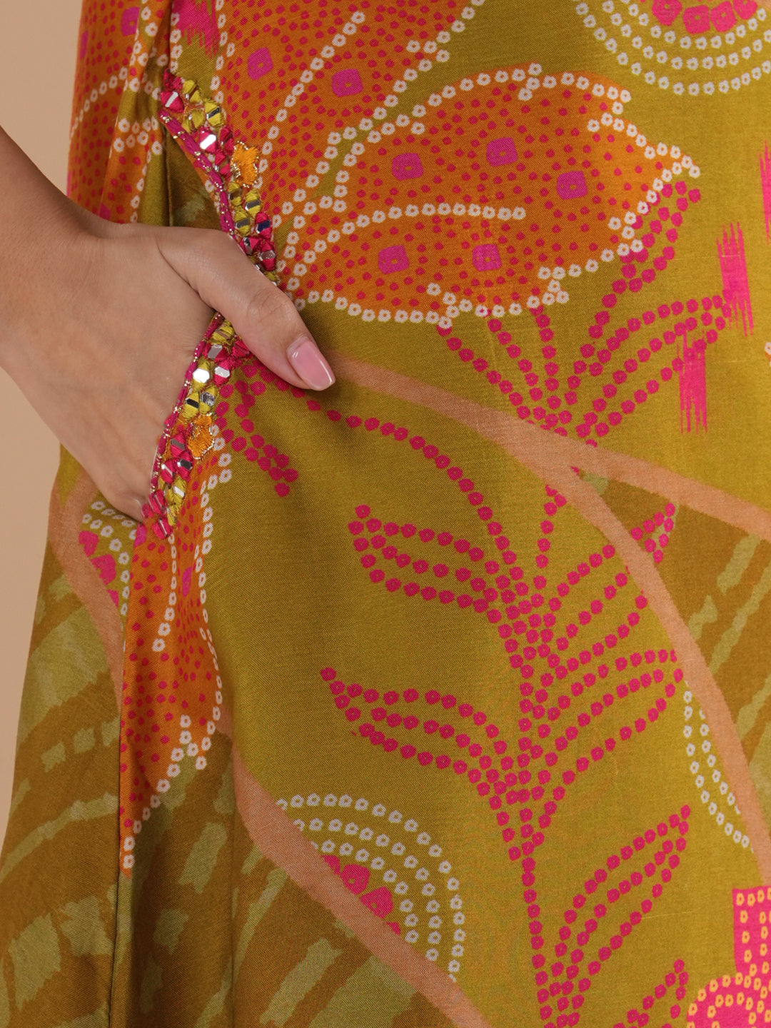 Ethnic Ikat Printed & Mirror Embroidered A-Line Kurta with Pant & Dupatta - Mustard