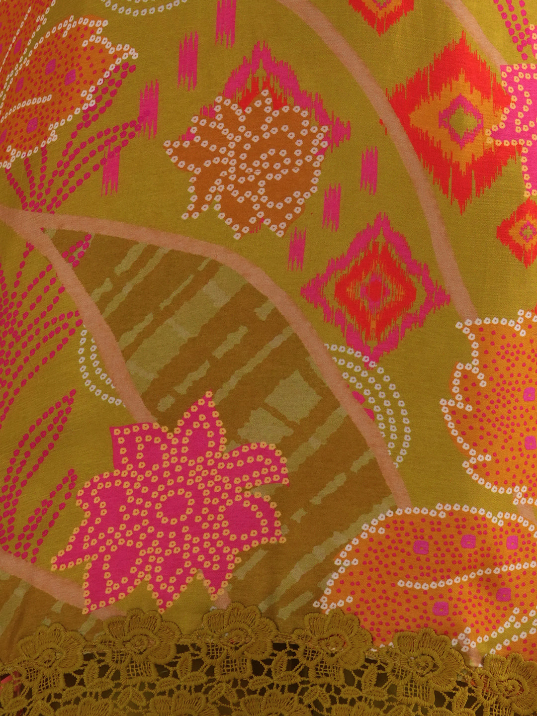 Ethnic Ikat Printed & Mirror Embroidered A-Line Kurta with Pant & Dupatta - Mustard