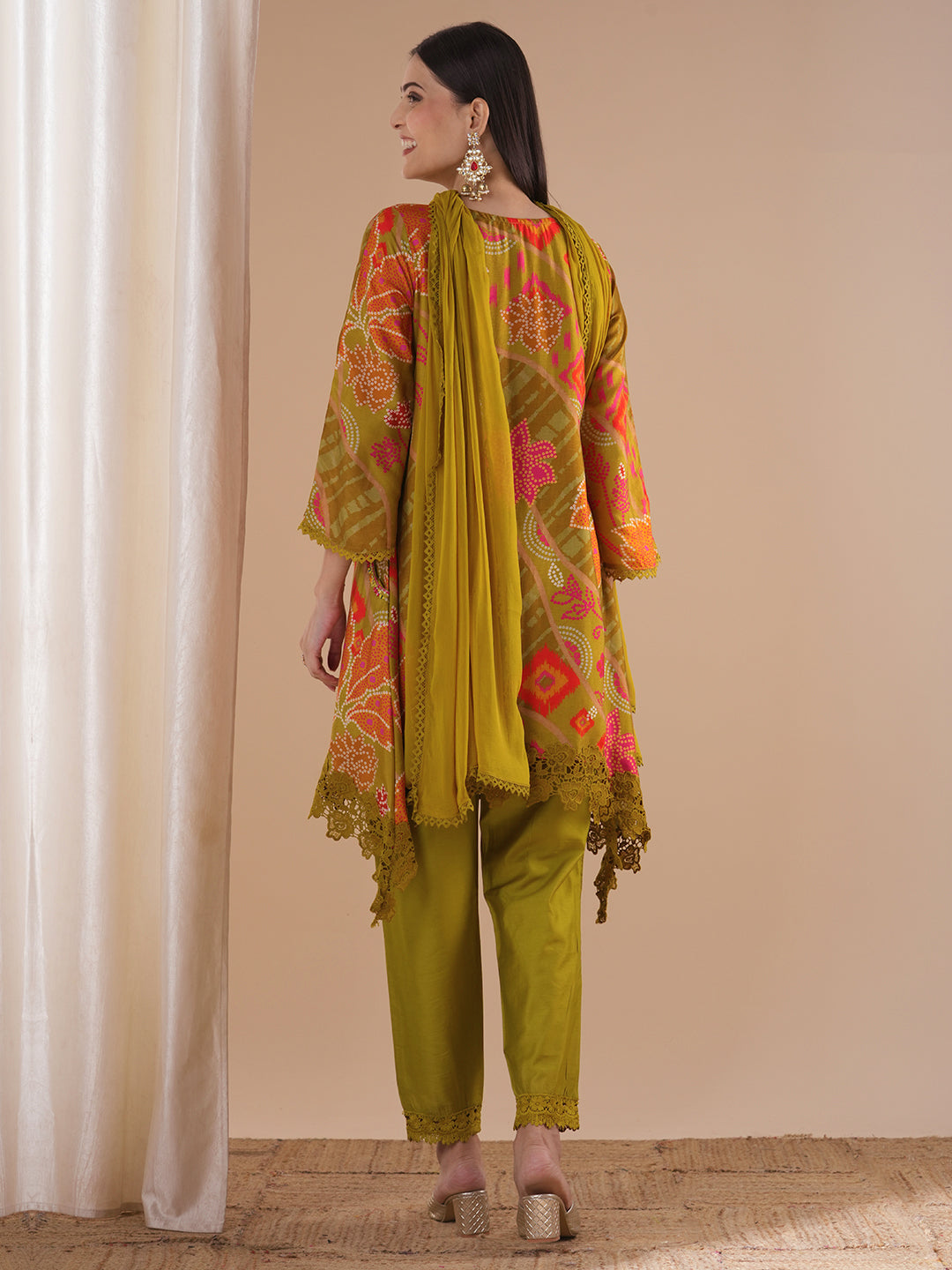 Ethnic Ikat Printed & Mirror Embroidered A-Line Kurta with Pant & Dupatta - Mustard
