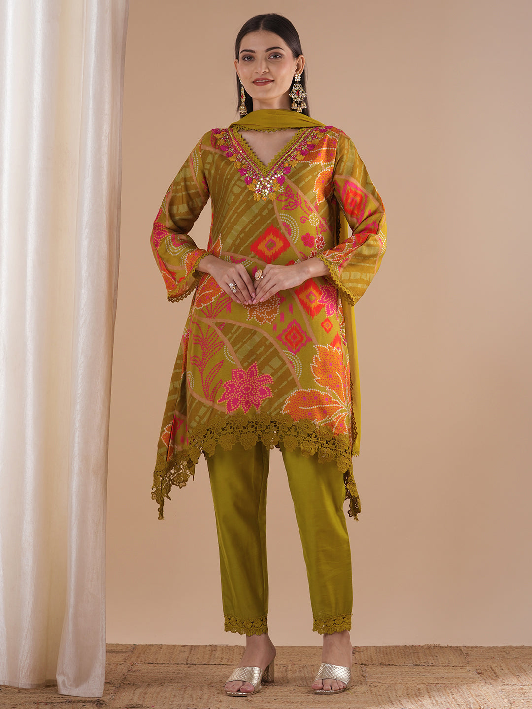 Ethnic Ikat Printed & Mirror Embroidered A-Line Kurta with Pant & Dupatta - Mustard