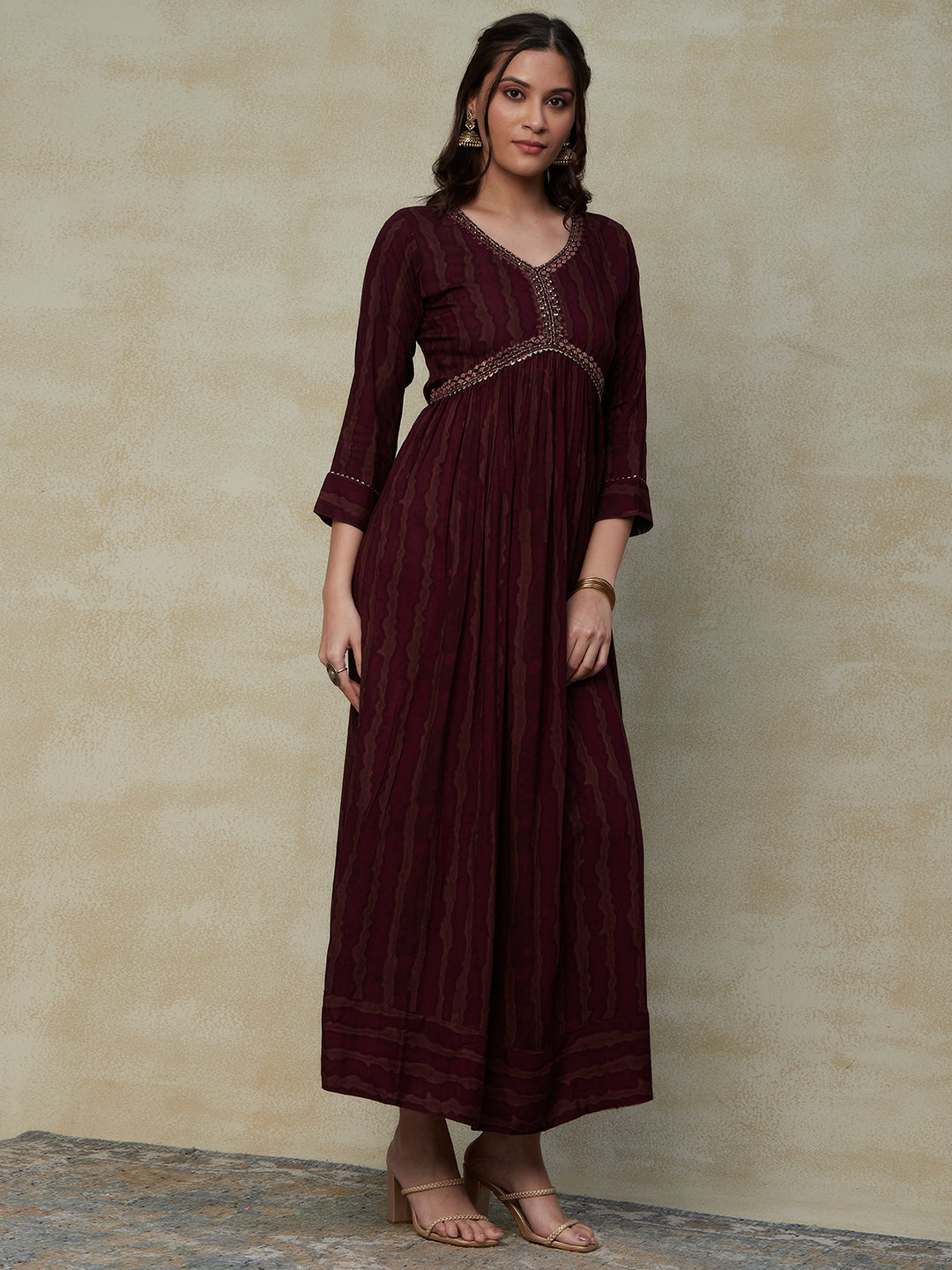 Abstract Printed Mirror & Resham Embroidered Gathered Waist Maxi Dress - Burgundy