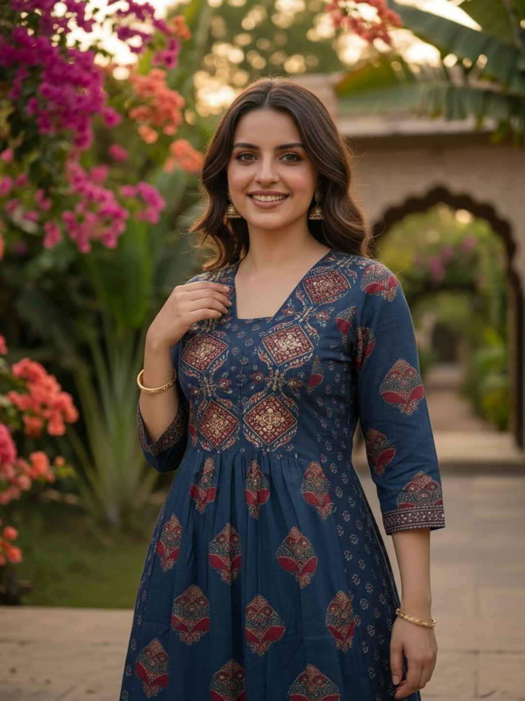 Indigo Blue Floral Cotton Anarkali Set with Bead & Sequin Embroidery, Palazzo & Printed Dupatta
