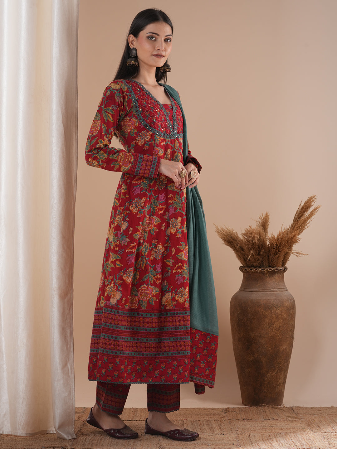 Ethnic Floral Printed Embroidered Anarkali Flared Kurta with Pant and Dupatta - Red