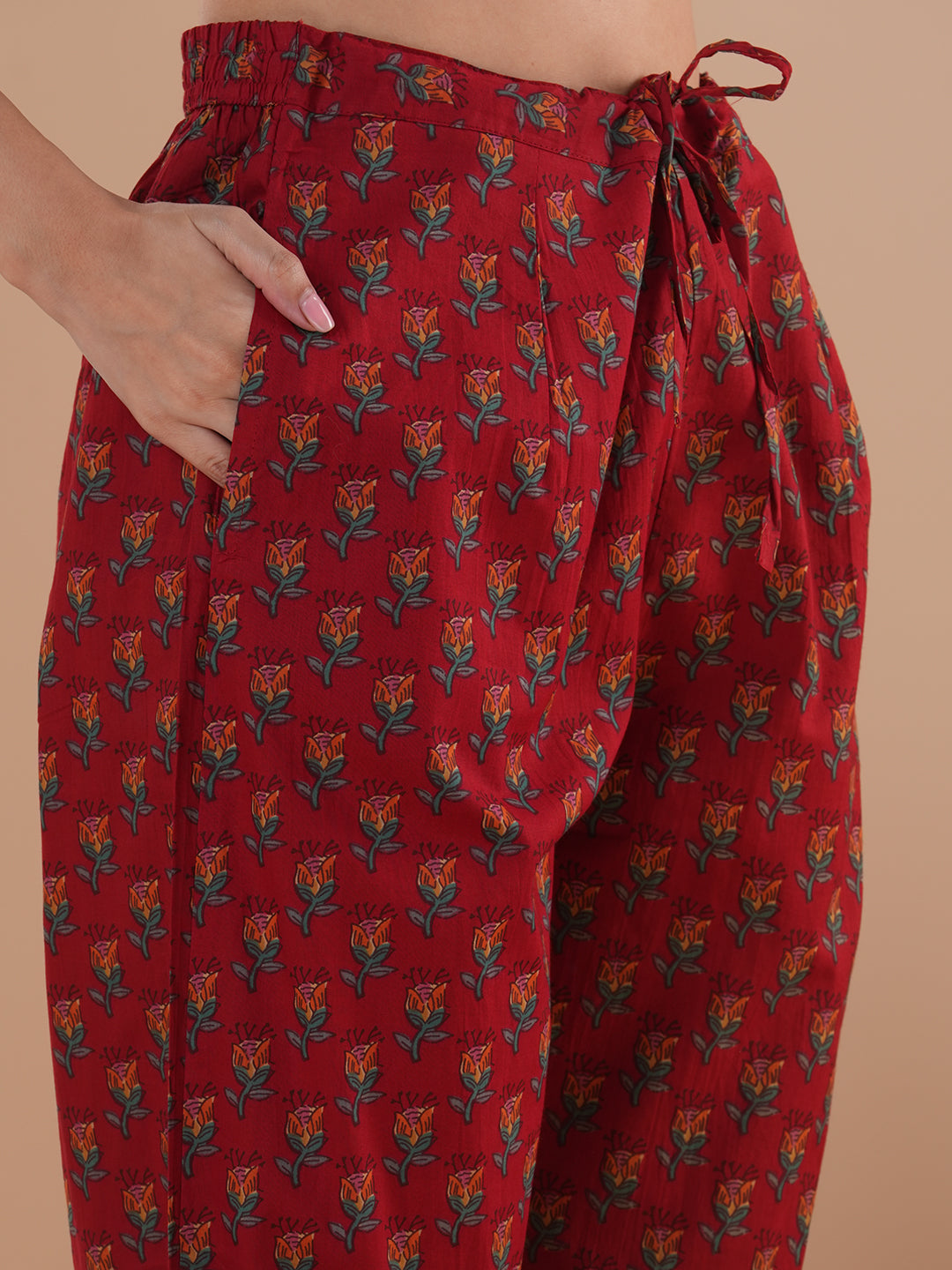 Ethnic Floral Printed Embroidered Anarkali Flared Kurta with Pant and Dupatta - Red