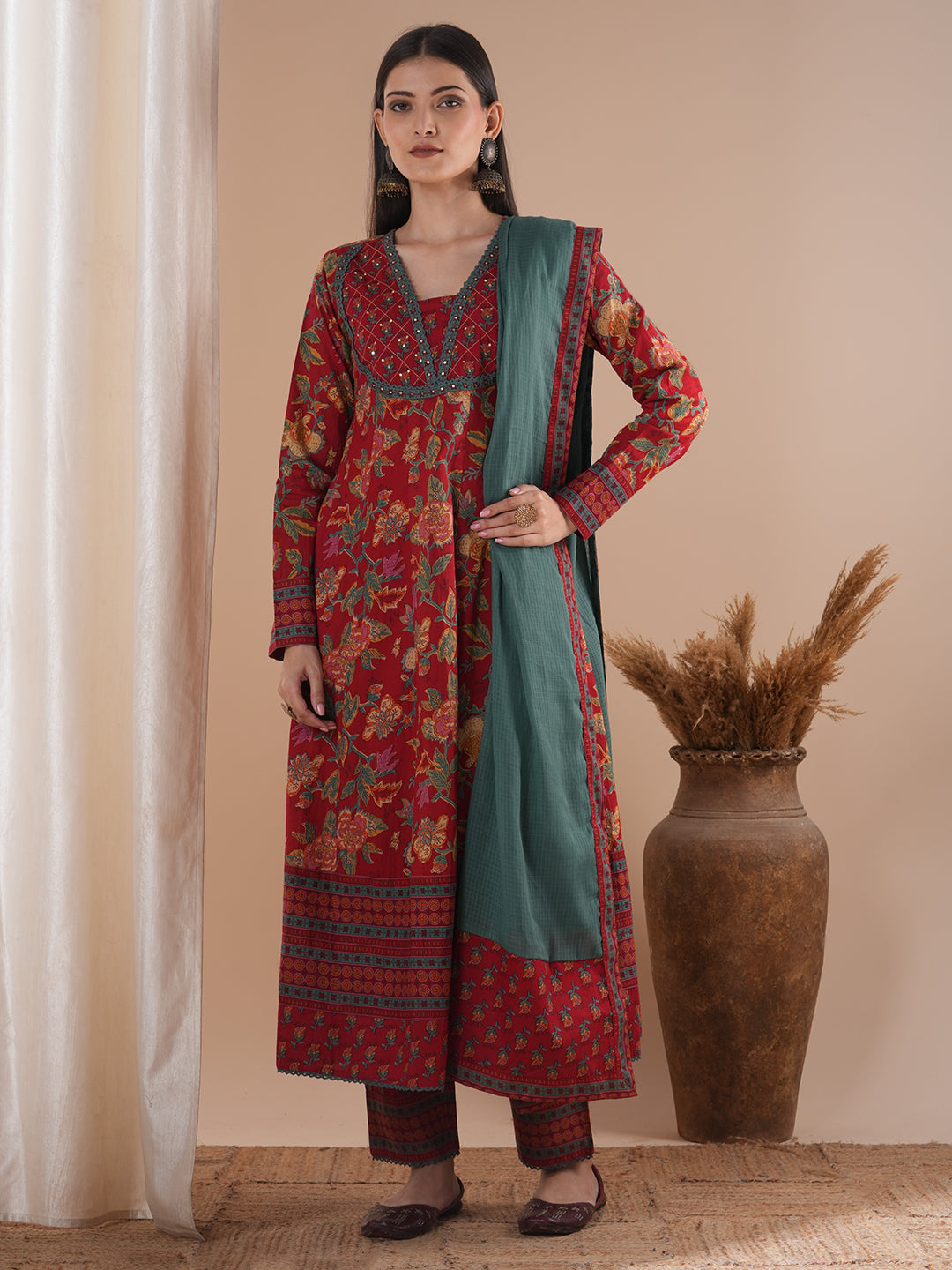 Ethnic Floral Printed Embroidered Anarkali Flared Kurta with Pant and Dupatta - Red