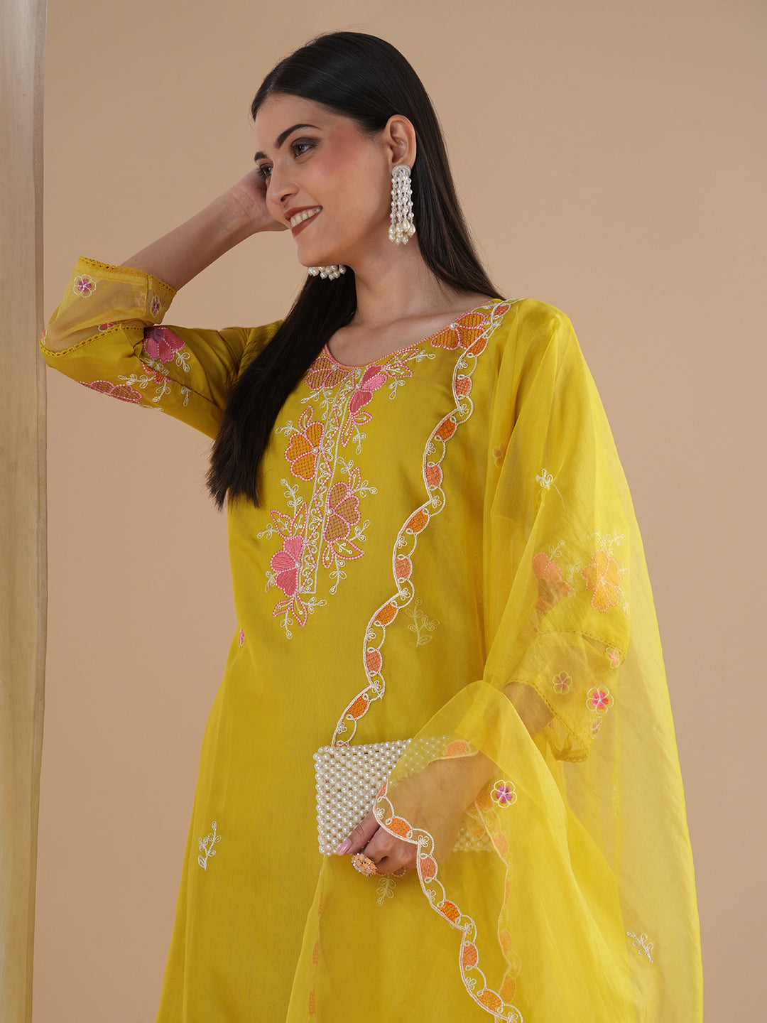 Solid Floral Embroidered Straight Fit Kurta with Pant and Dupatta - Yellow