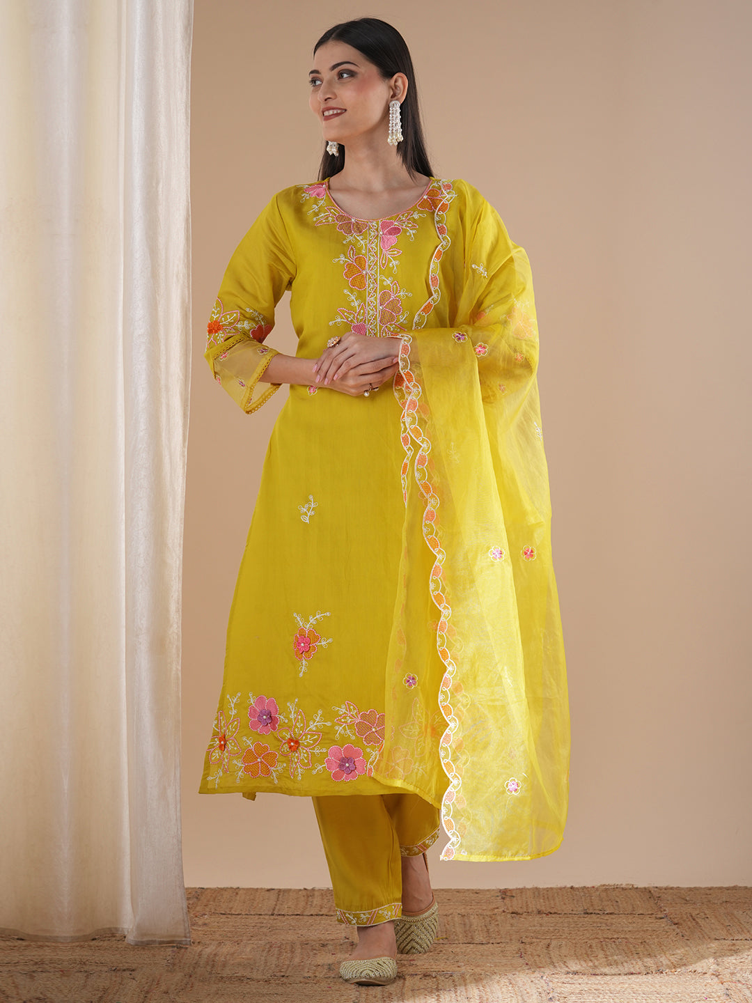 Solid Floral Embroidered Straight Fit Kurta with Pant and Dupatta - Yellow