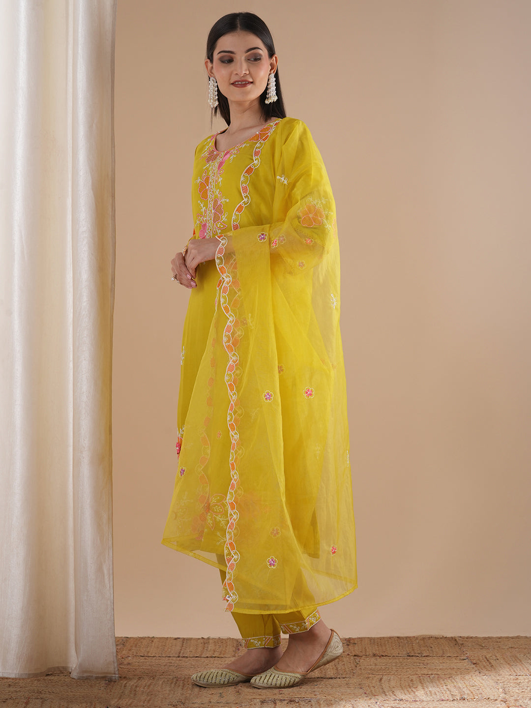 Solid Floral Embroidered Straight Fit Kurta with Pant and Dupatta - Yellow