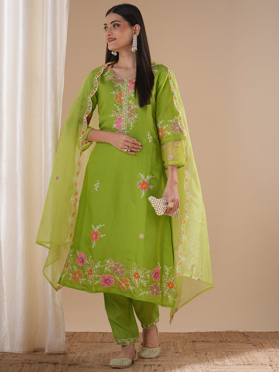Solid Floral Embroidered Straight Fit Kurta with Pant and Dupatta - Light Green