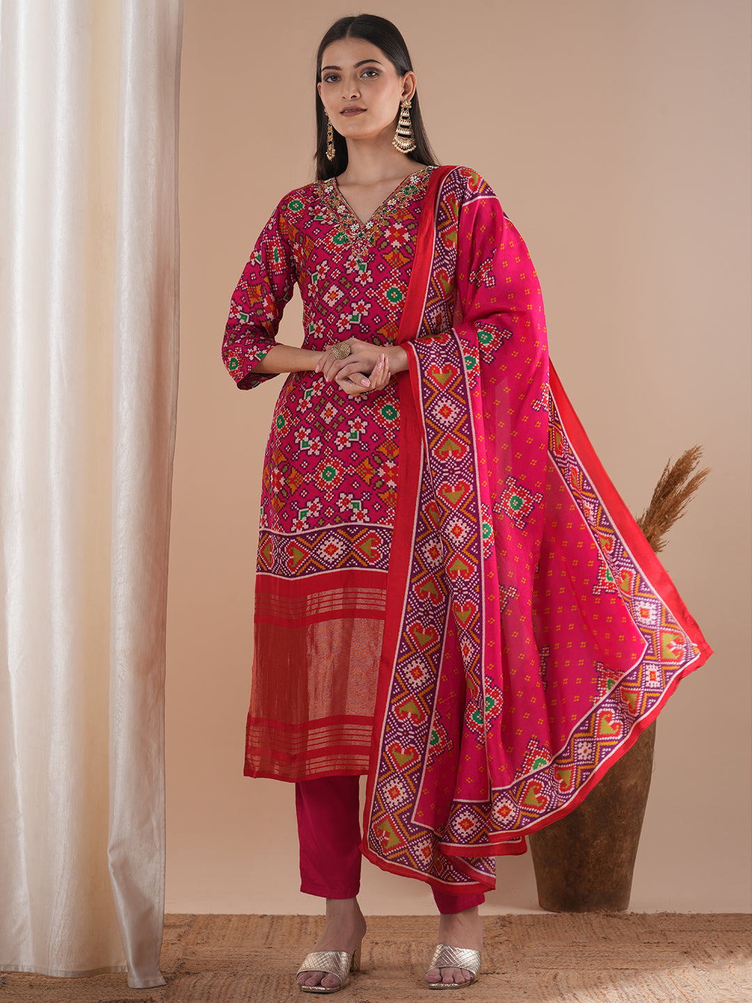 Ethnic Patola Printed & Hand Embroidered Straight Kurta with Pant & Dupatta - Pink